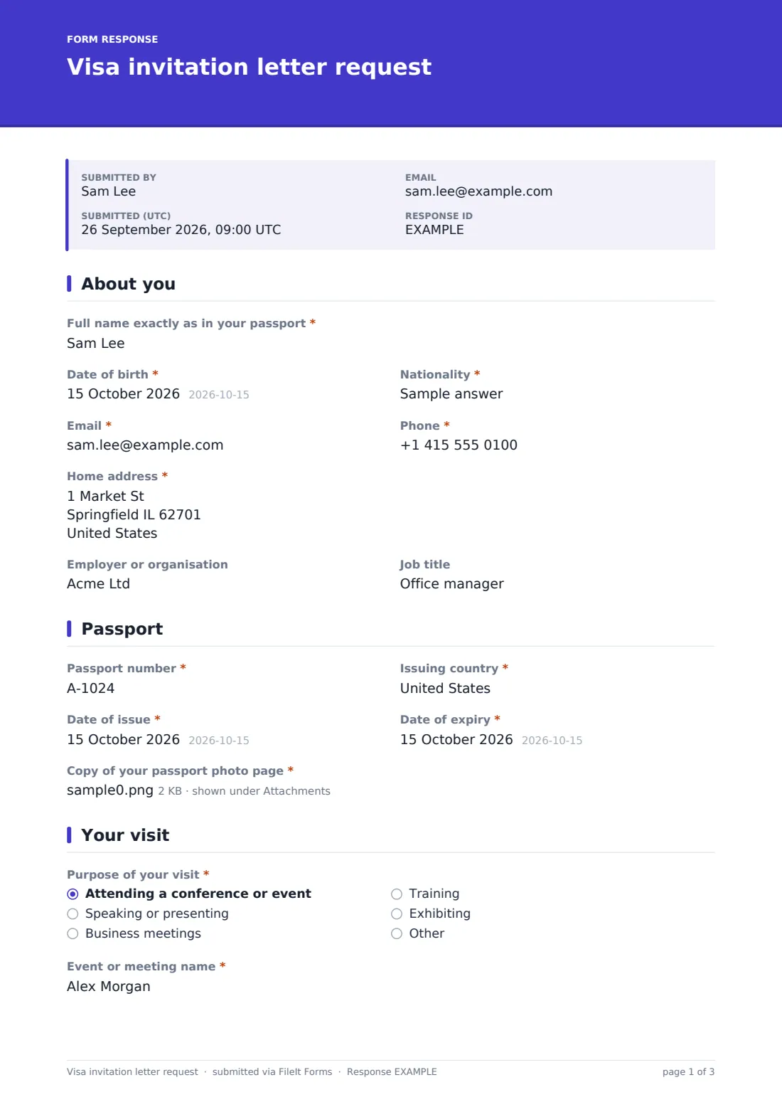 Visa invitation letter request — example response PDF, page 1 of 3