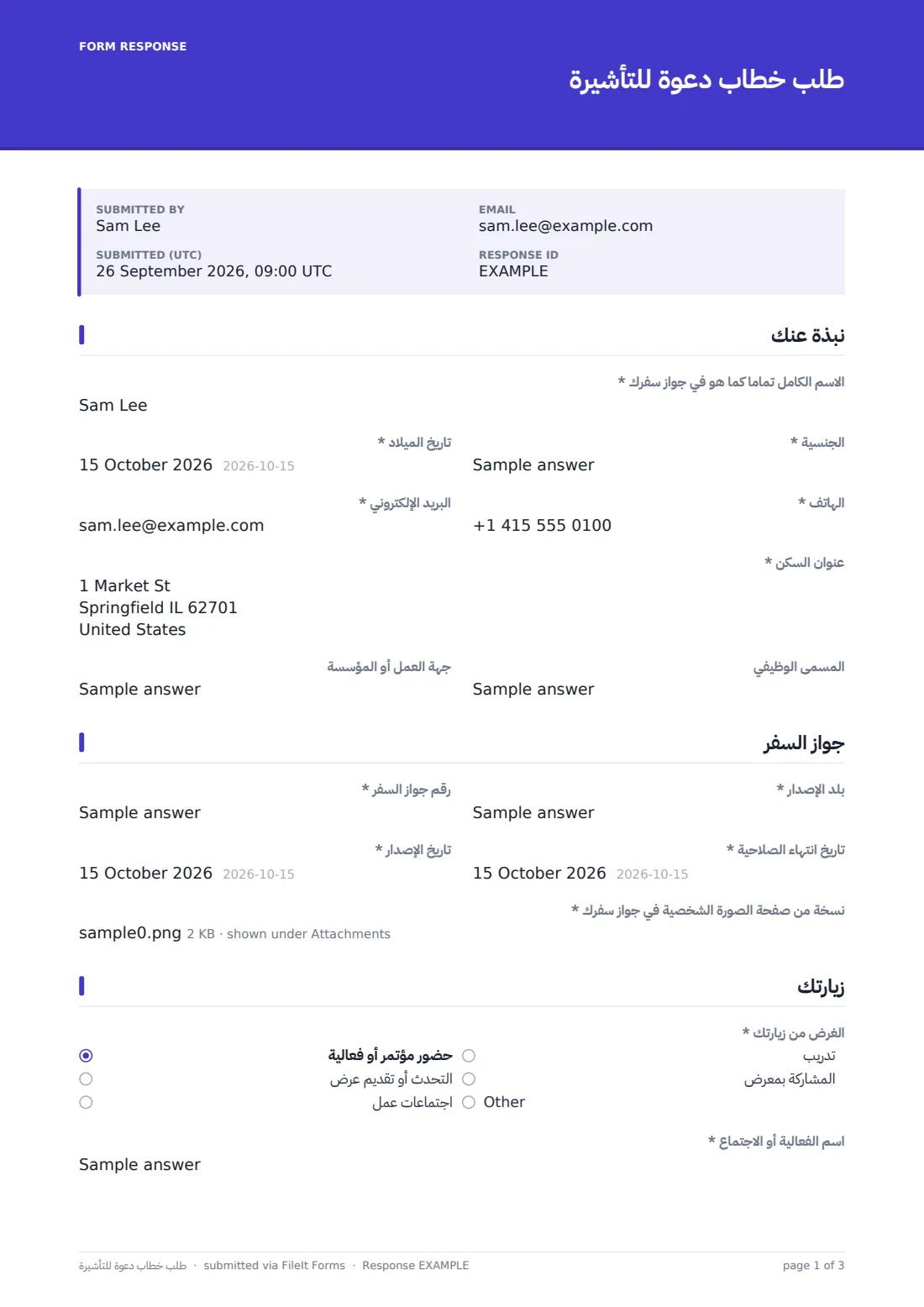طلب خطاب دعوة للتأشيرة — ملف PDF لرد نموذجي، الصفحة 1 من 3