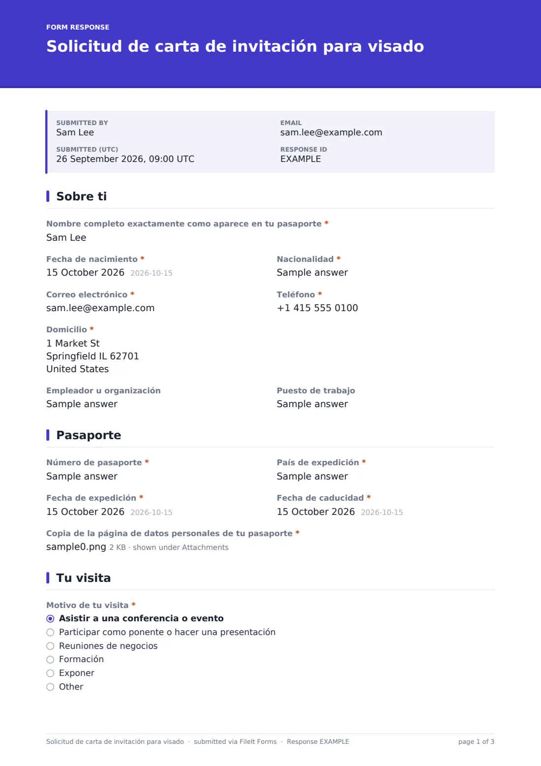 Solicitud de carta de invitación para visado — PDF de respuesta de ejemplo, página 1 de 3