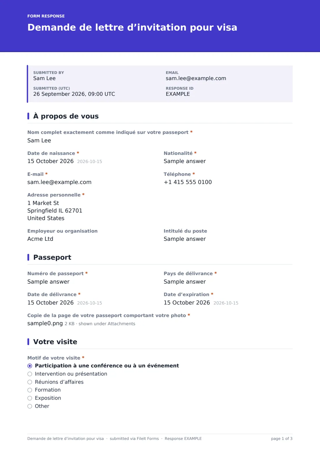 Demande de lettre d’invitation pour visa — exemple de réponse au format PDF, page 1 sur 3
