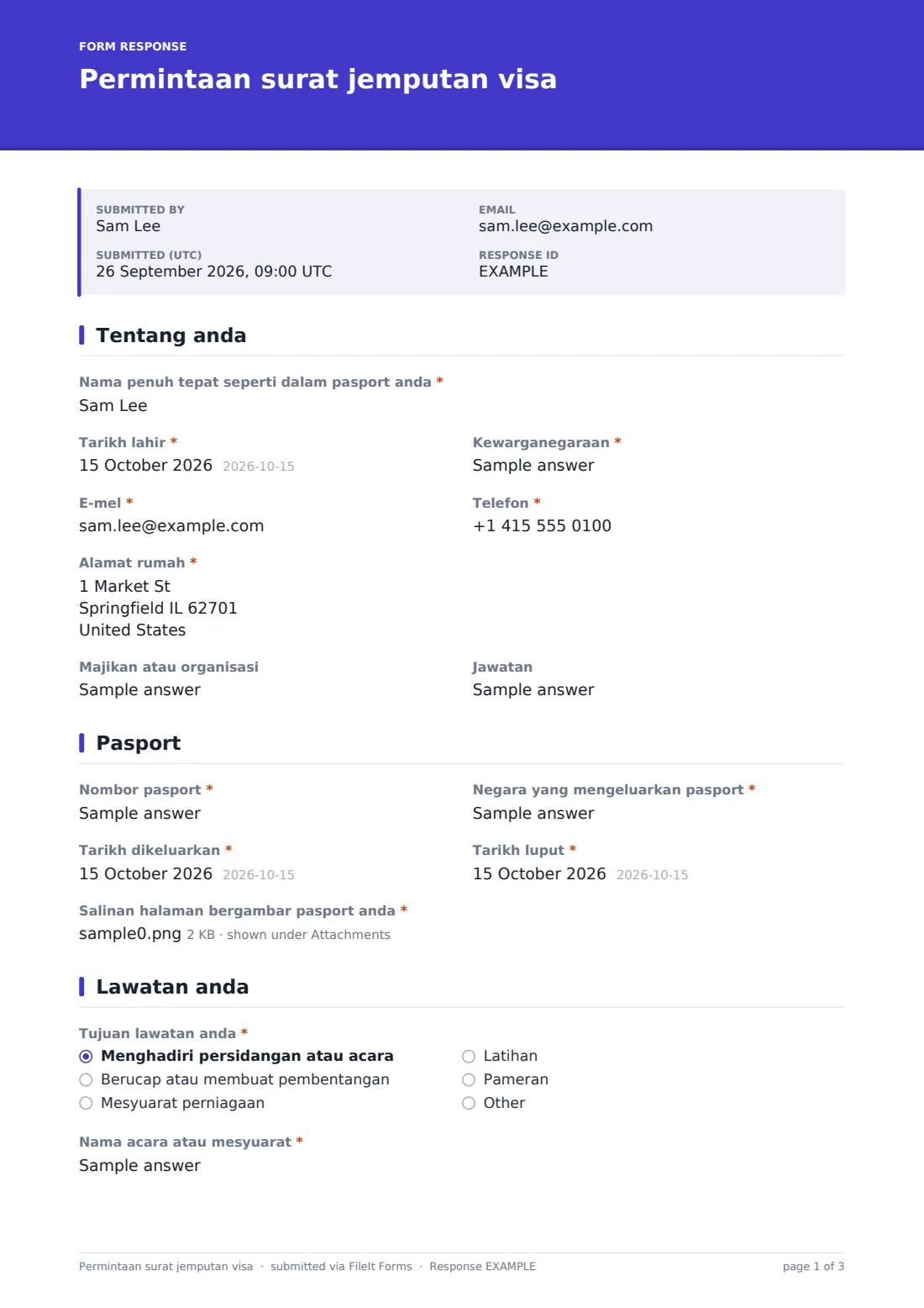 Permintaan surat jemputan visa — PDF respons contoh, halaman 1 daripada 3
