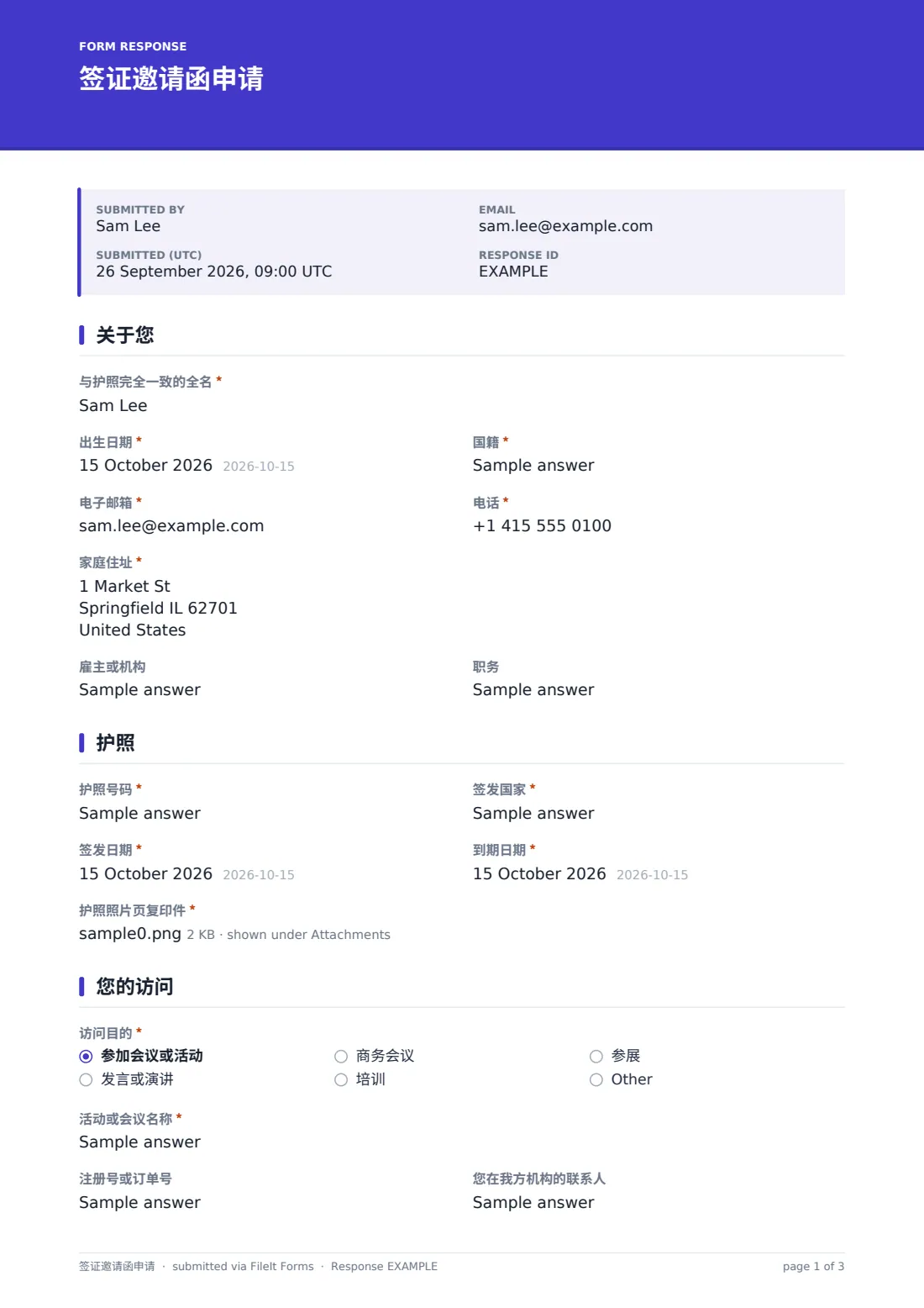 签证邀请函申请 — 示例回复 PDF，第 1 页，共 3 页