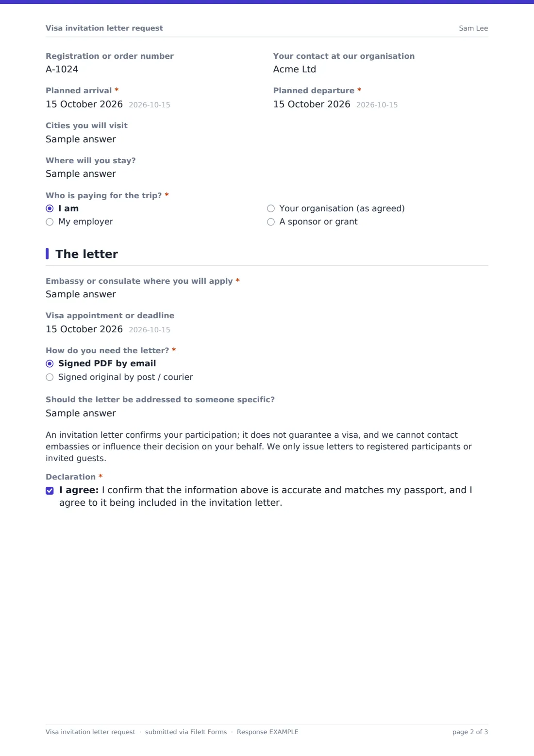 Visa invitation letter request — example response PDF, page 2 of 3