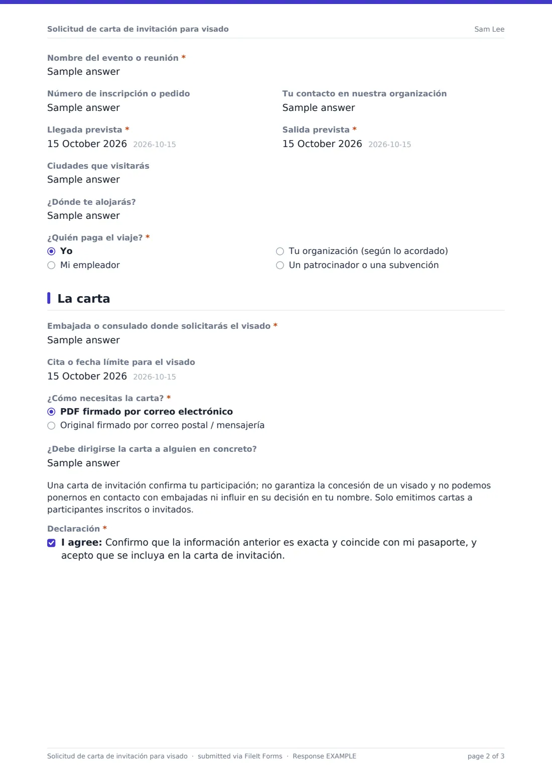 Solicitud de carta de invitación para visado — PDF de respuesta de ejemplo, página 2 de 3