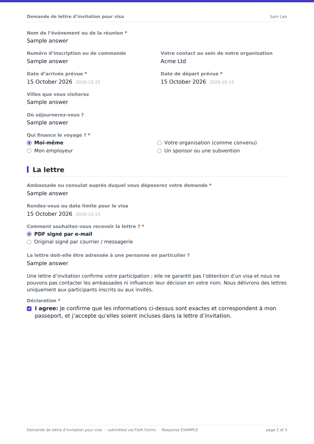 Demande de lettre d’invitation pour visa — exemple de réponse au format PDF, page 2 sur 3