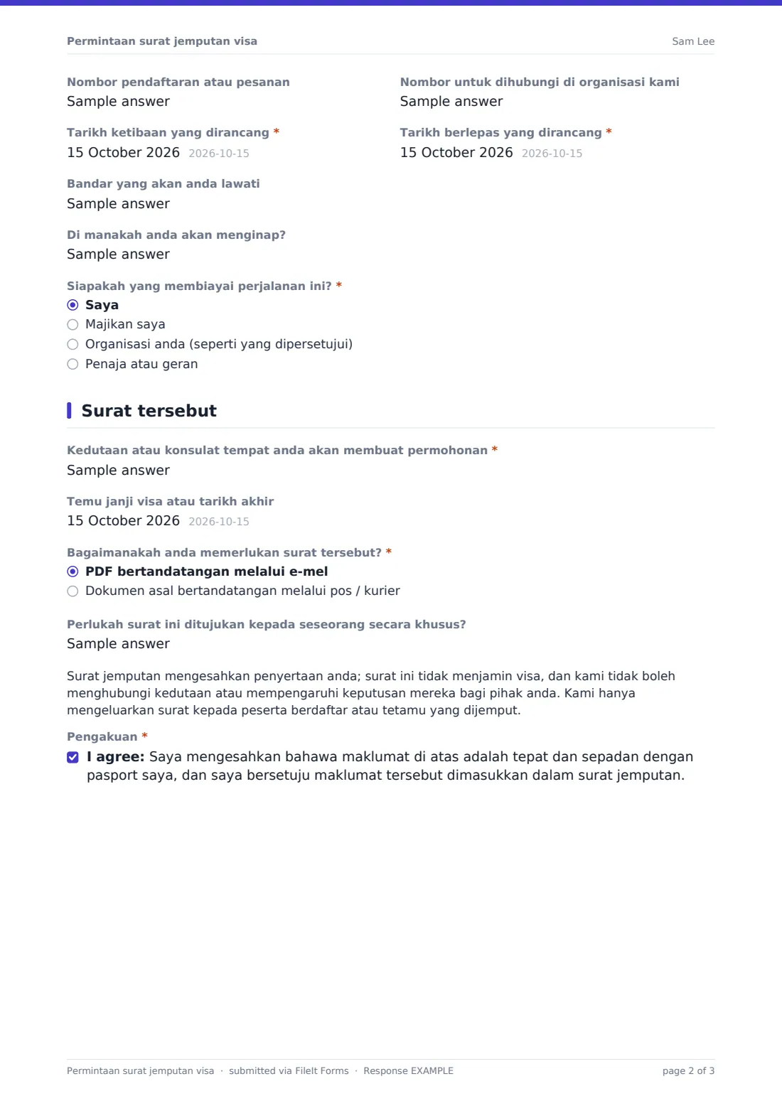 Permintaan surat jemputan visa — PDF respons contoh, halaman 2 daripada 3