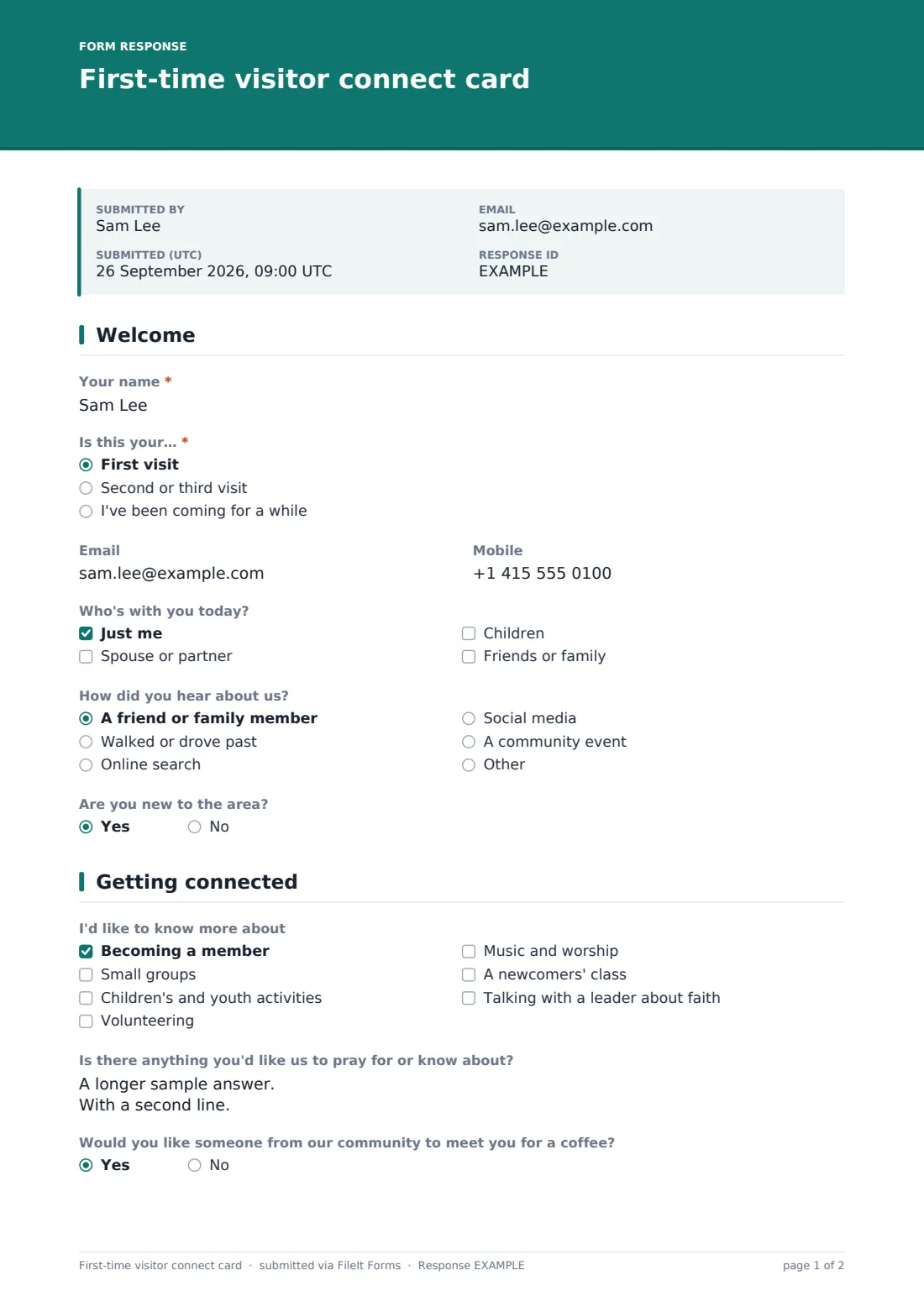 First-time visitor connect card — example response PDF, page 1 of 2