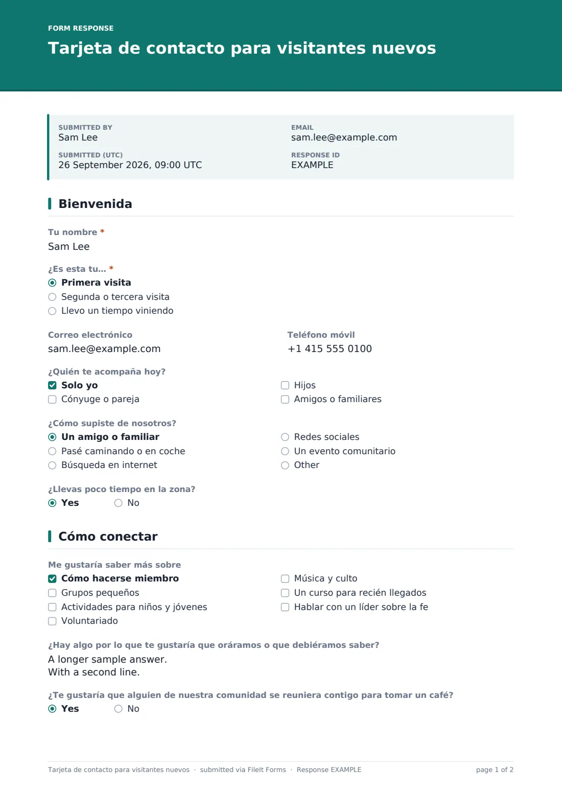 Tarjeta de contacto para visitantes nuevos — PDF de respuesta de ejemplo, página 1 de 2