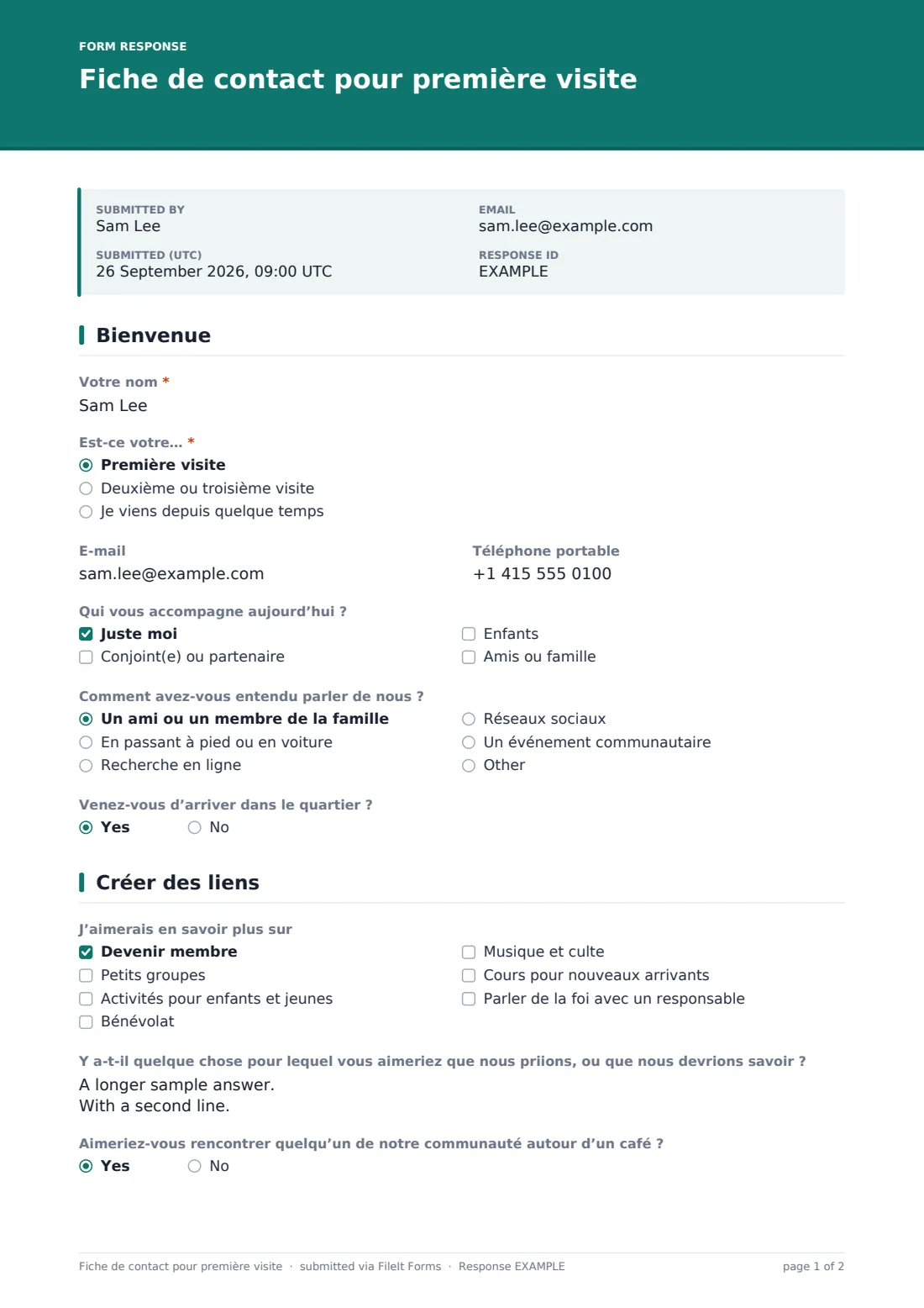 Fiche de contact pour première visite — exemple de réponse au format PDF, page 1 sur 2