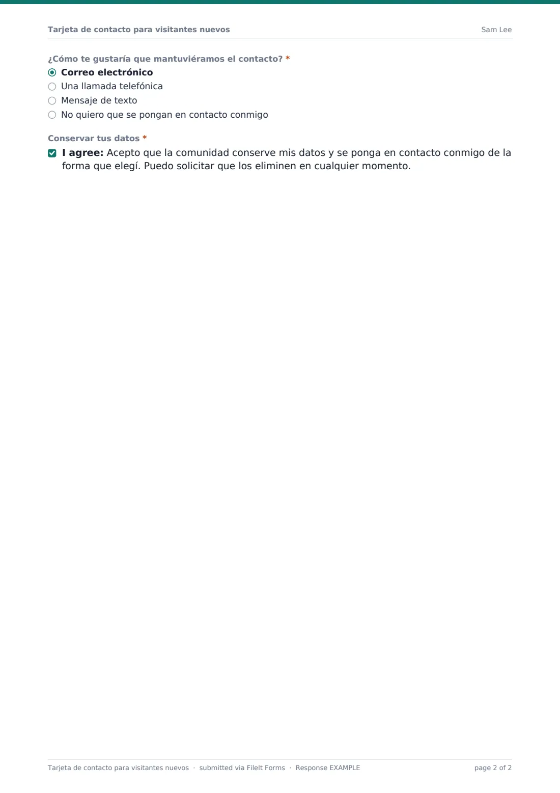 Tarjeta de contacto para visitantes nuevos — PDF de respuesta de ejemplo, página 2 de 2