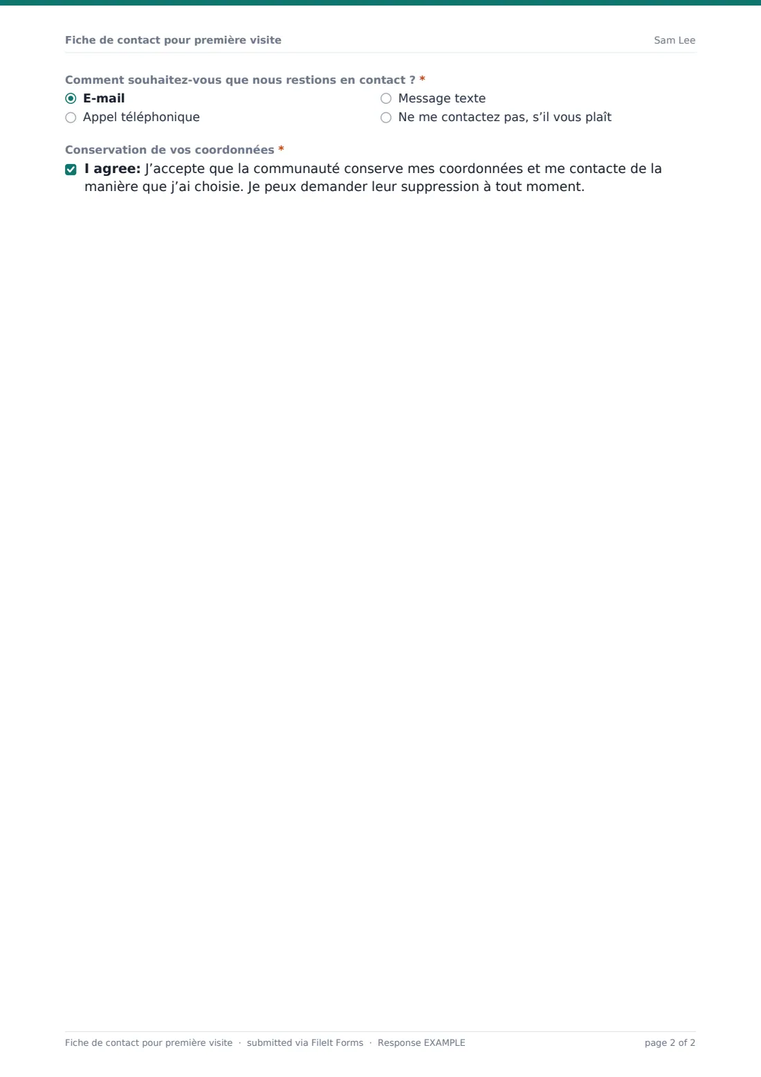 Fiche de contact pour première visite — exemple de réponse au format PDF, page 2 sur 2