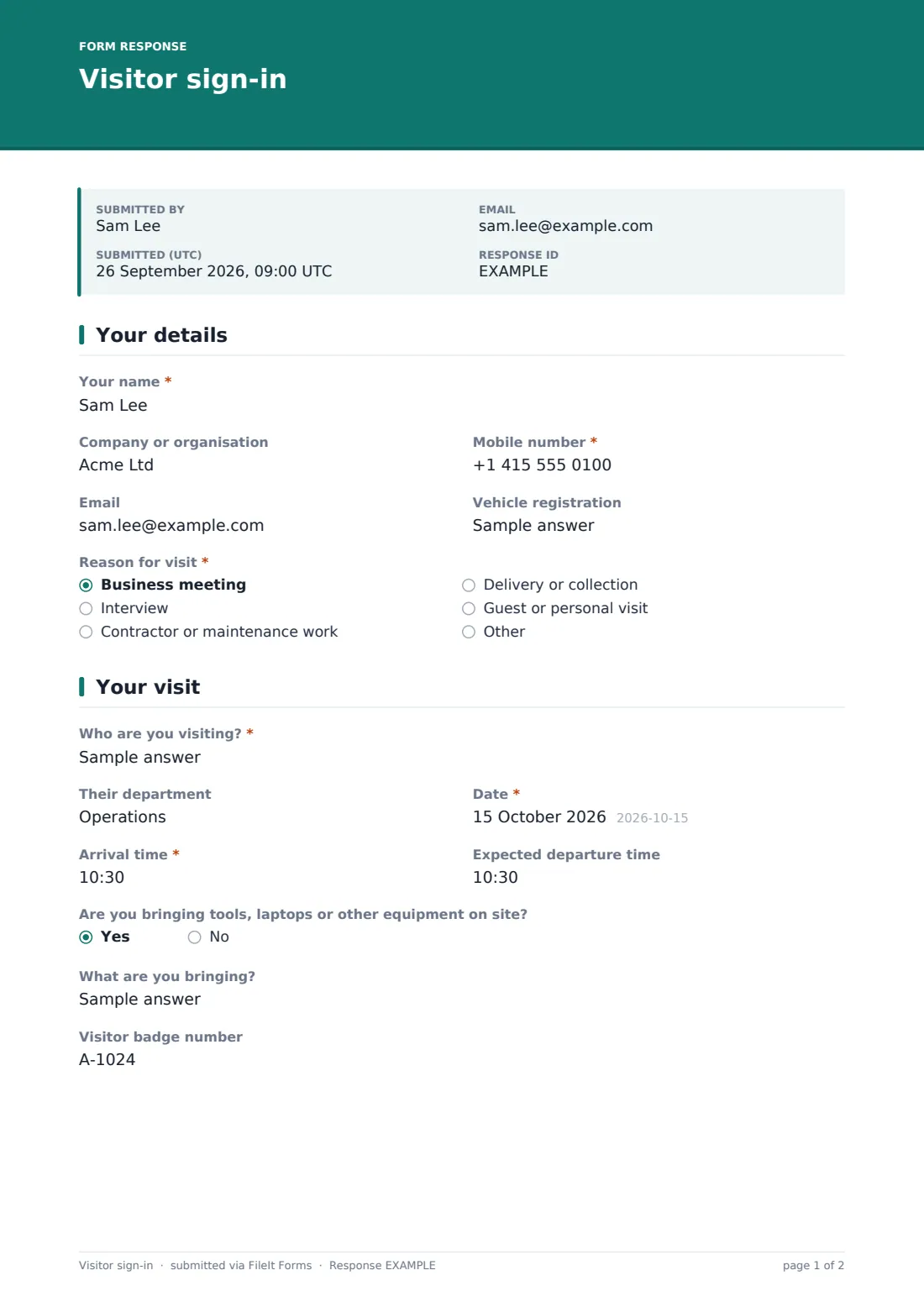 Visitor sign-in — example response PDF, page 1 of 2