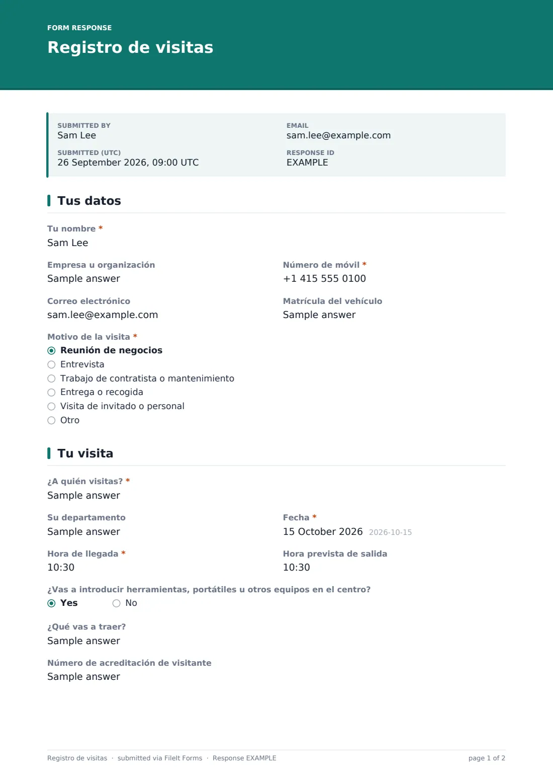 Registro de visitas — PDF de respuesta de ejemplo, página 1 de 2