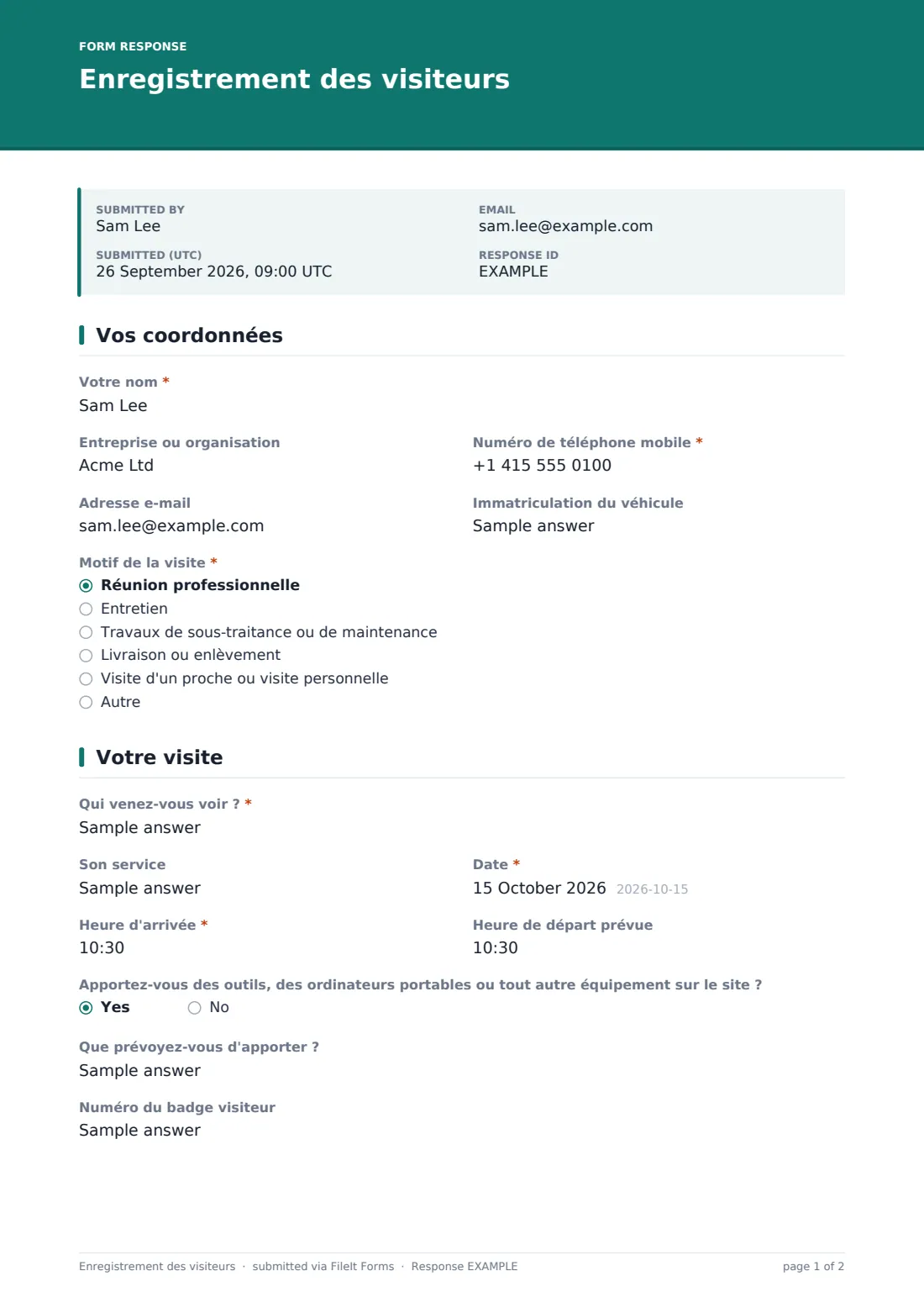 Enregistrement des visiteurs — exemple de réponse au format PDF, page 1 sur 2