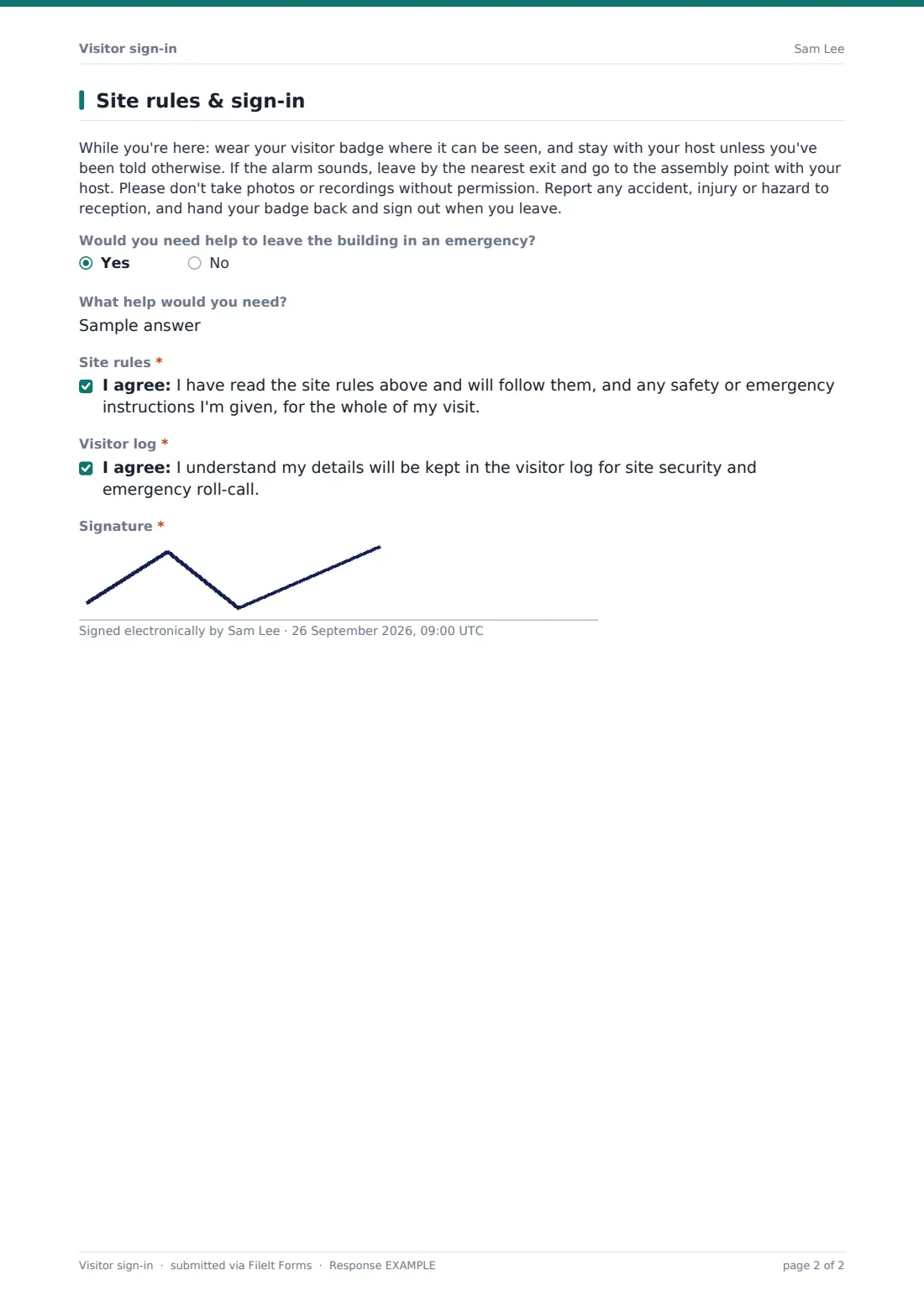 Visitor sign-in — example response PDF, page 2 of 2