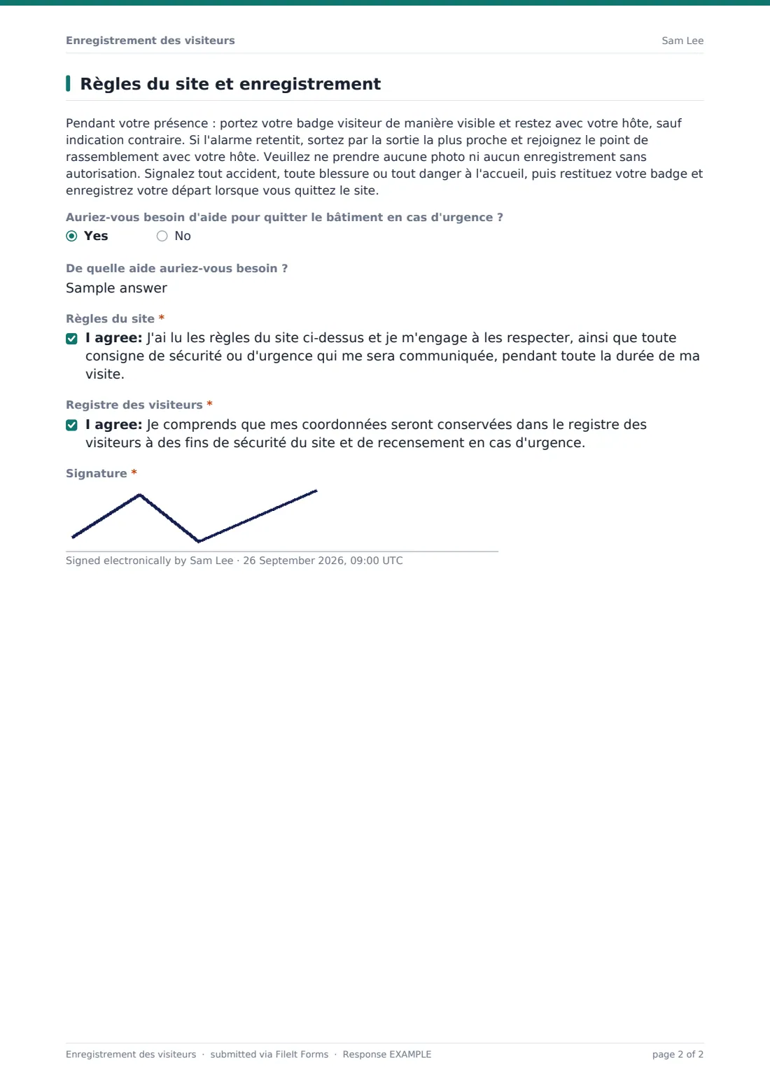 Enregistrement des visiteurs — exemple de réponse au format PDF, page 2 sur 2