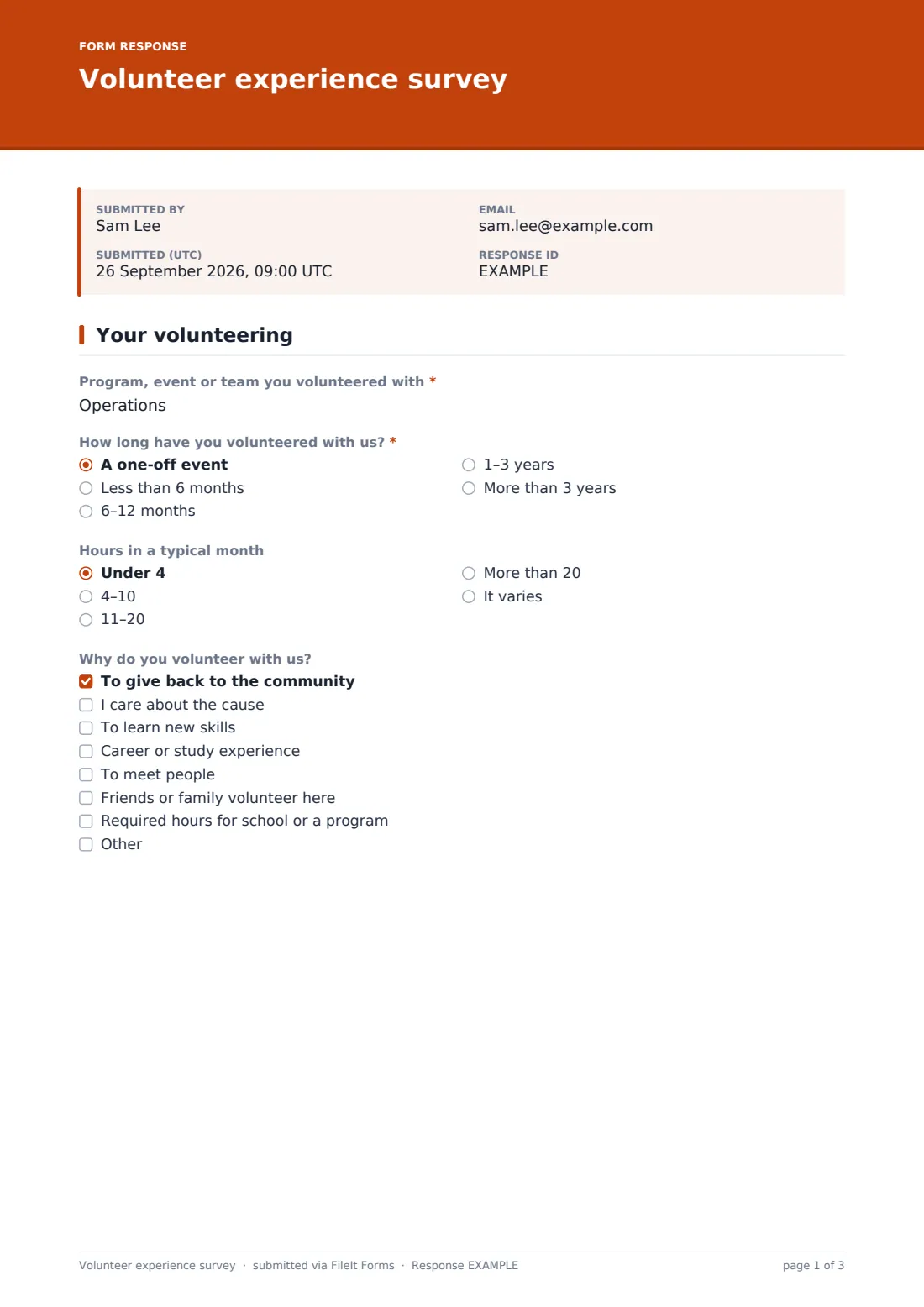 Volunteer experience survey — example response PDF, page 1 of 3