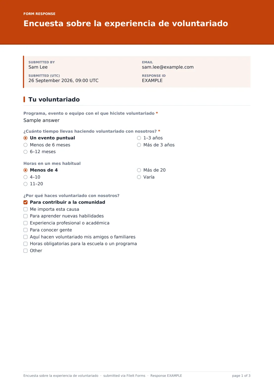 Encuesta sobre la experiencia de voluntariado — PDF de respuesta de ejemplo, página 1 de 3