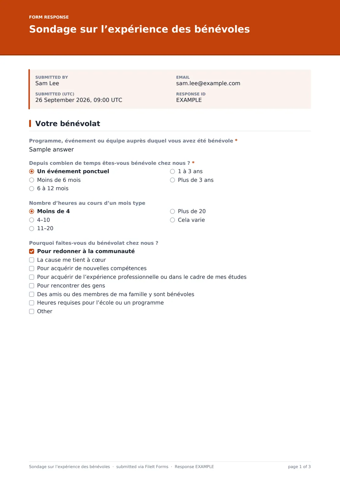 Sondage sur l’expérience des bénévoles — exemple de réponse au format PDF, page 1 sur 3