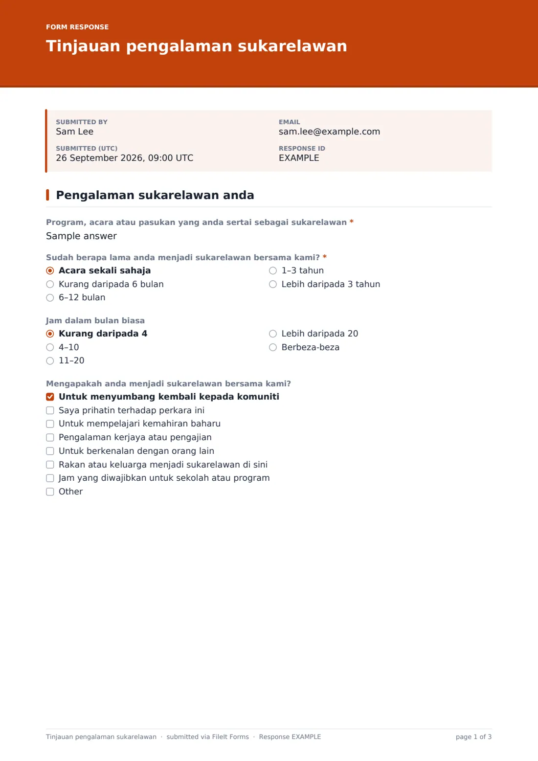 Tinjauan pengalaman sukarelawan — PDF respons contoh, halaman 1 daripada 3