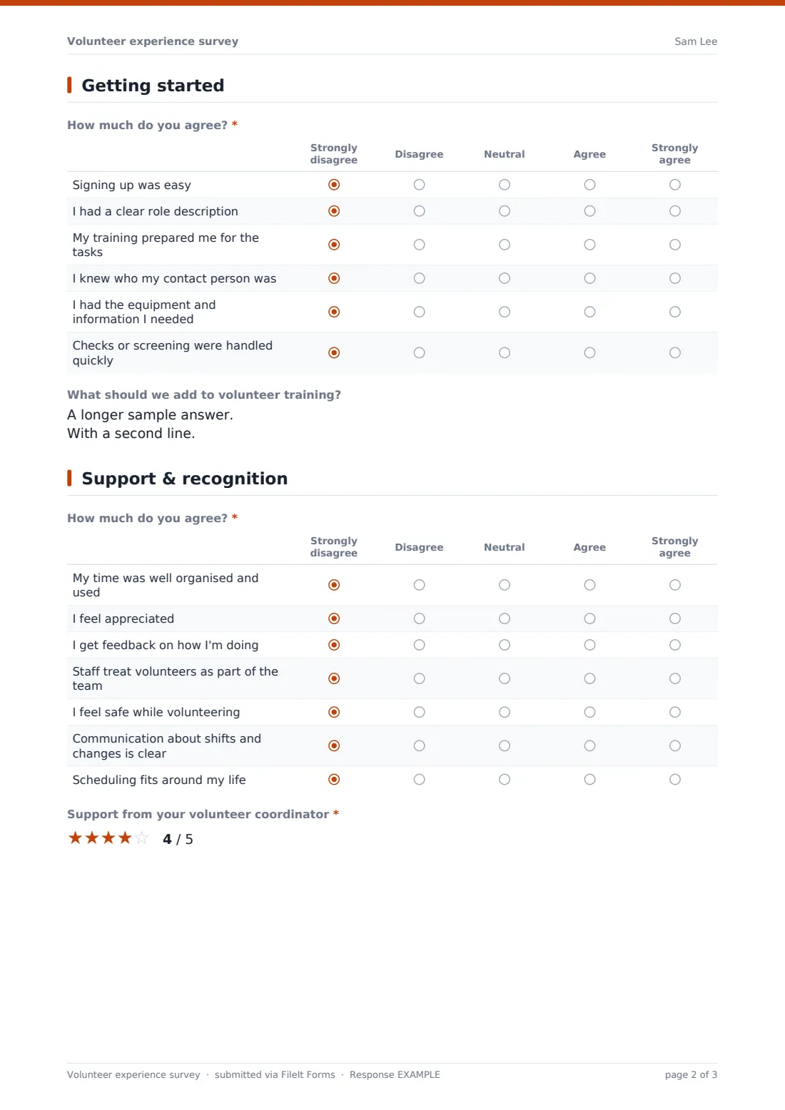 Volunteer experience survey — example response PDF, page 2 of 3