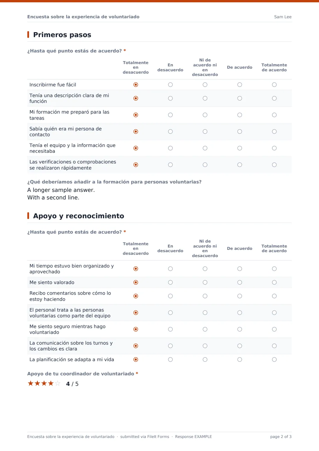 Encuesta sobre la experiencia de voluntariado — PDF de respuesta de ejemplo, página 2 de 3
