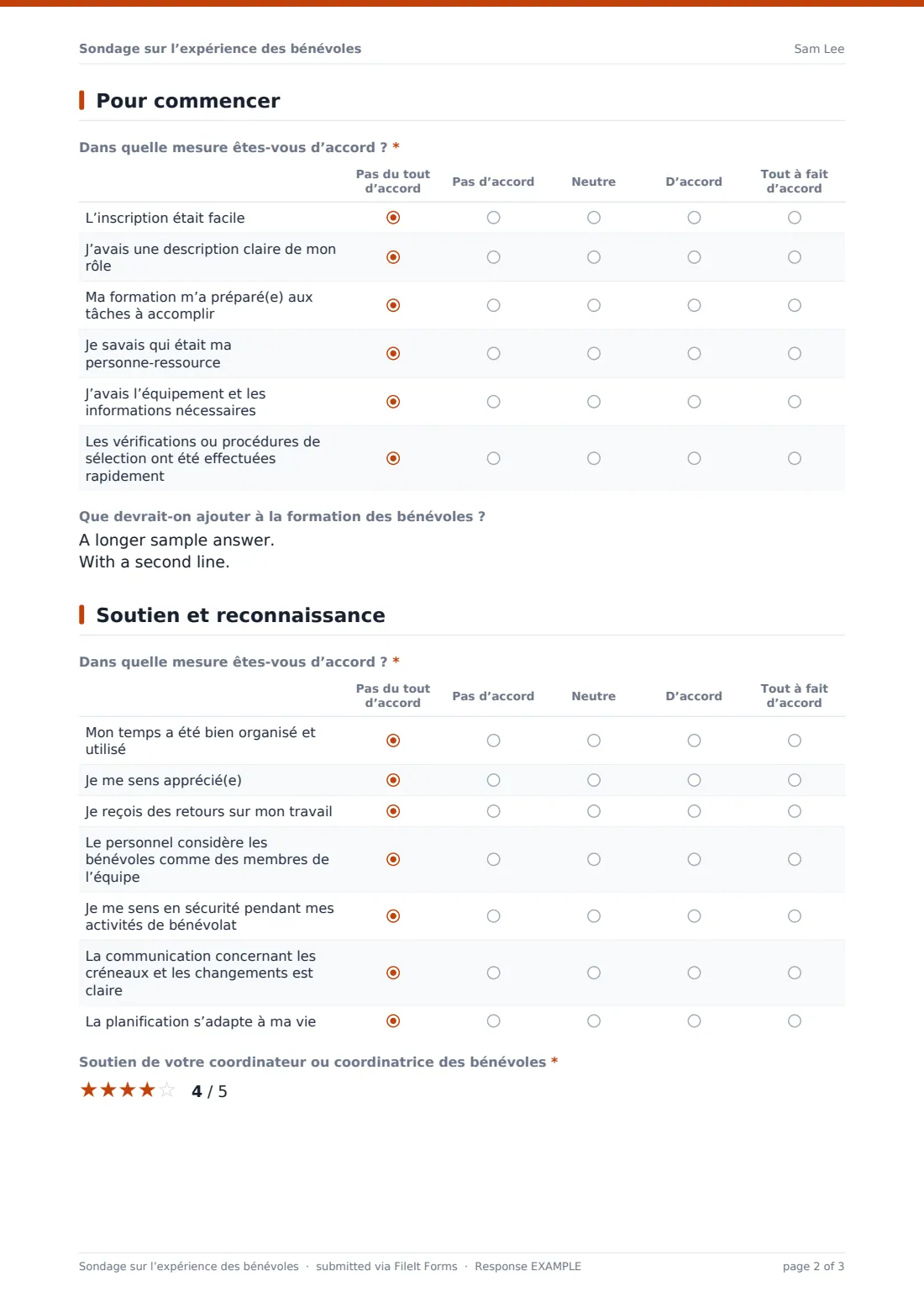 Sondage sur l’expérience des bénévoles — exemple de réponse au format PDF, page 2 sur 3