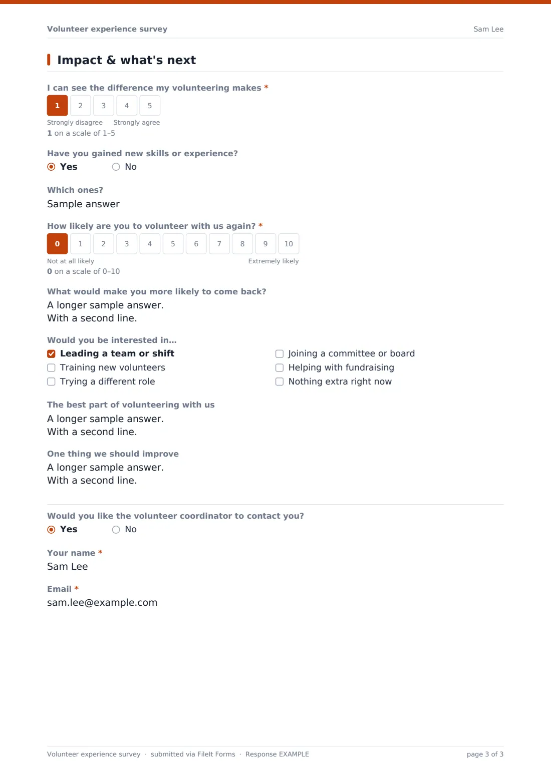 Volunteer experience survey — example response PDF, page 3 of 3