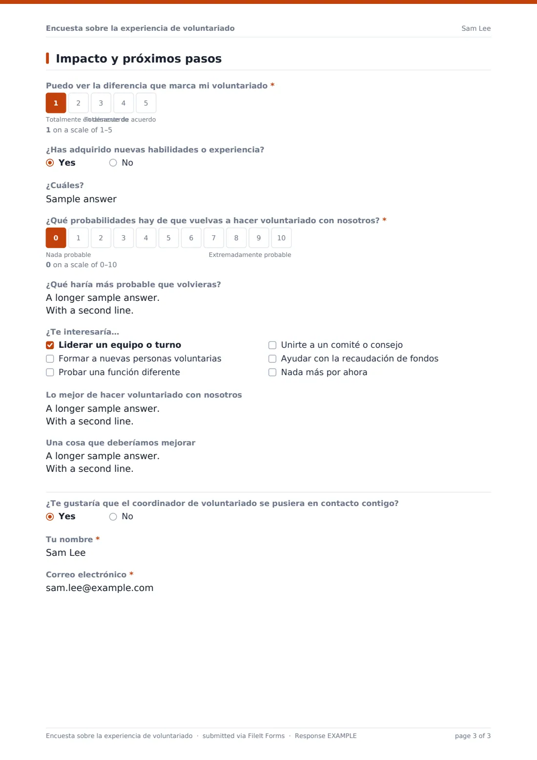 Encuesta sobre la experiencia de voluntariado — PDF de respuesta de ejemplo, página 3 de 3