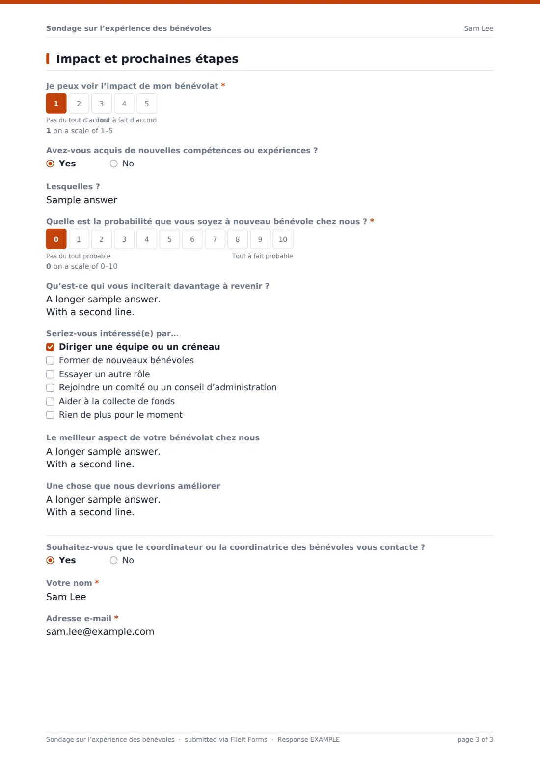 Sondage sur l’expérience des bénévoles — exemple de réponse au format PDF, page 3 sur 3