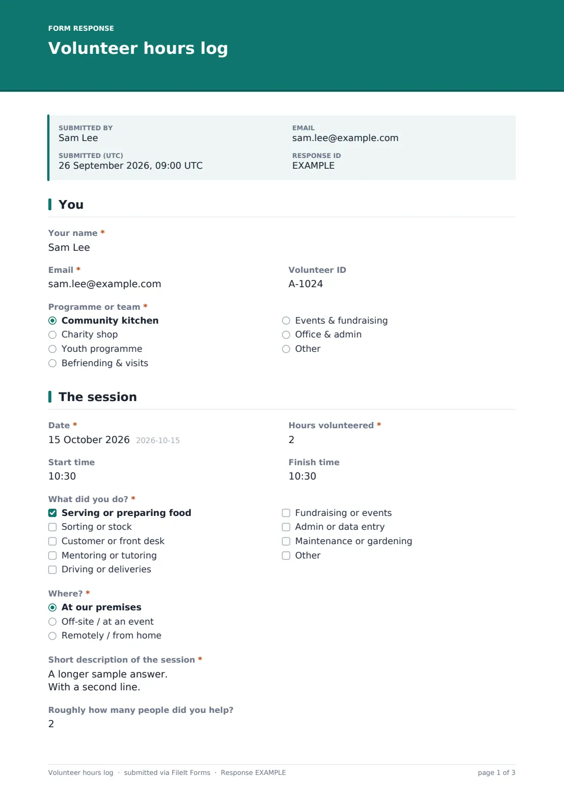 Volunteer hours log — example response PDF, page 1 of 3