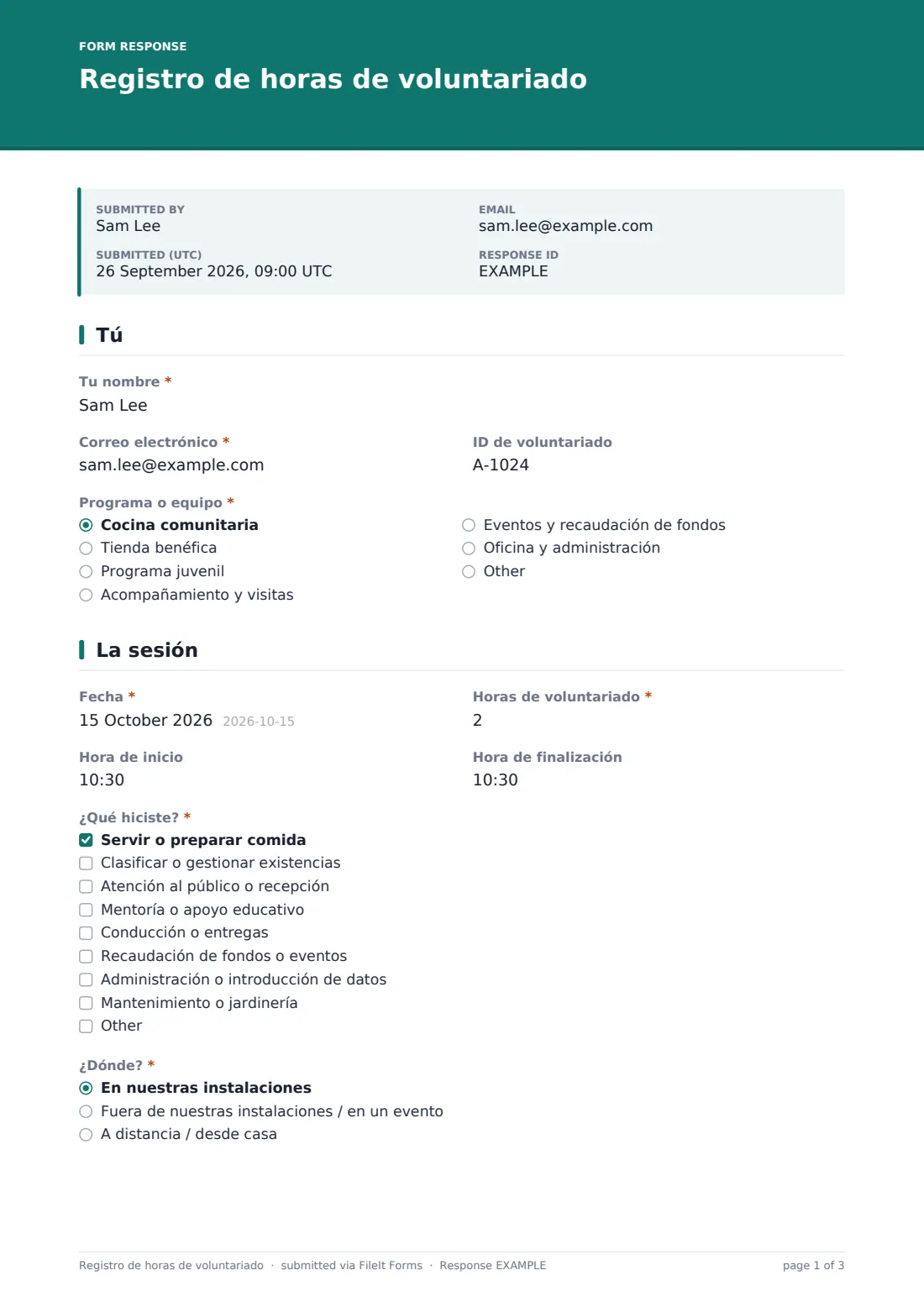Registro de horas de voluntariado — PDF de respuesta de ejemplo, página 1 de 3