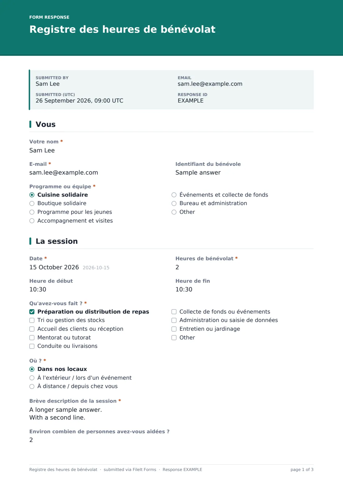 Registre des heures de bénévolat — exemple de réponse au format PDF, page 1 sur 3