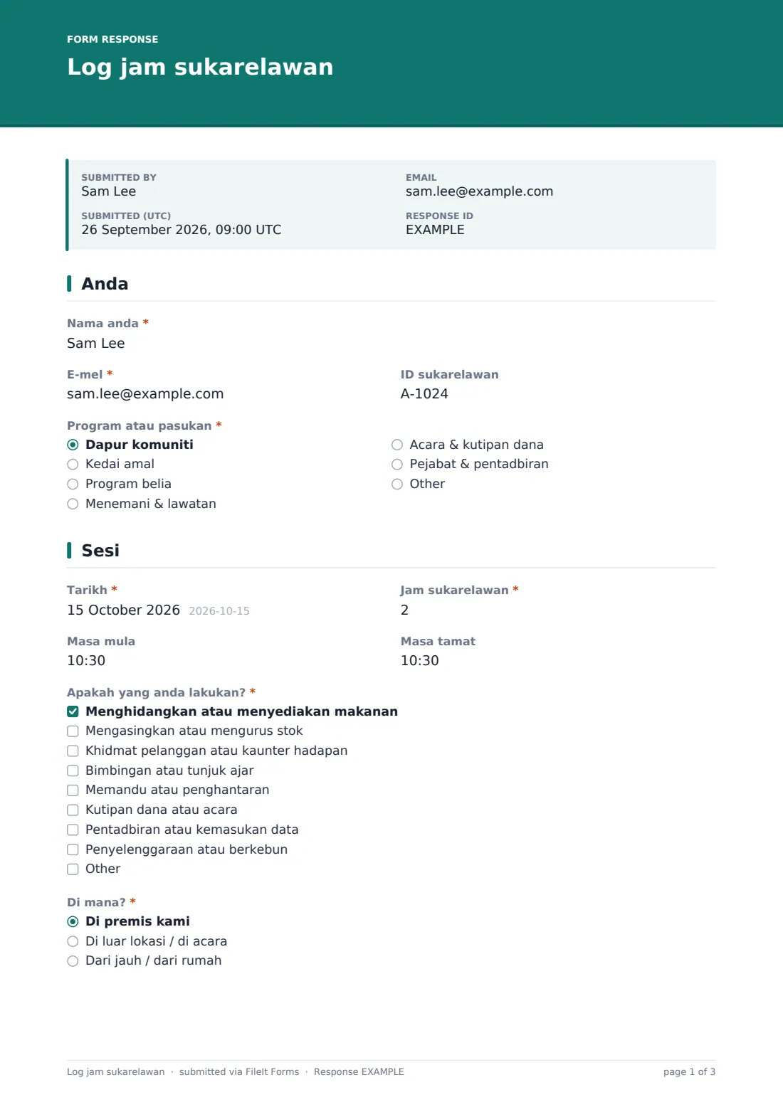 Log jam sukarelawan — PDF respons contoh, halaman 1 daripada 3