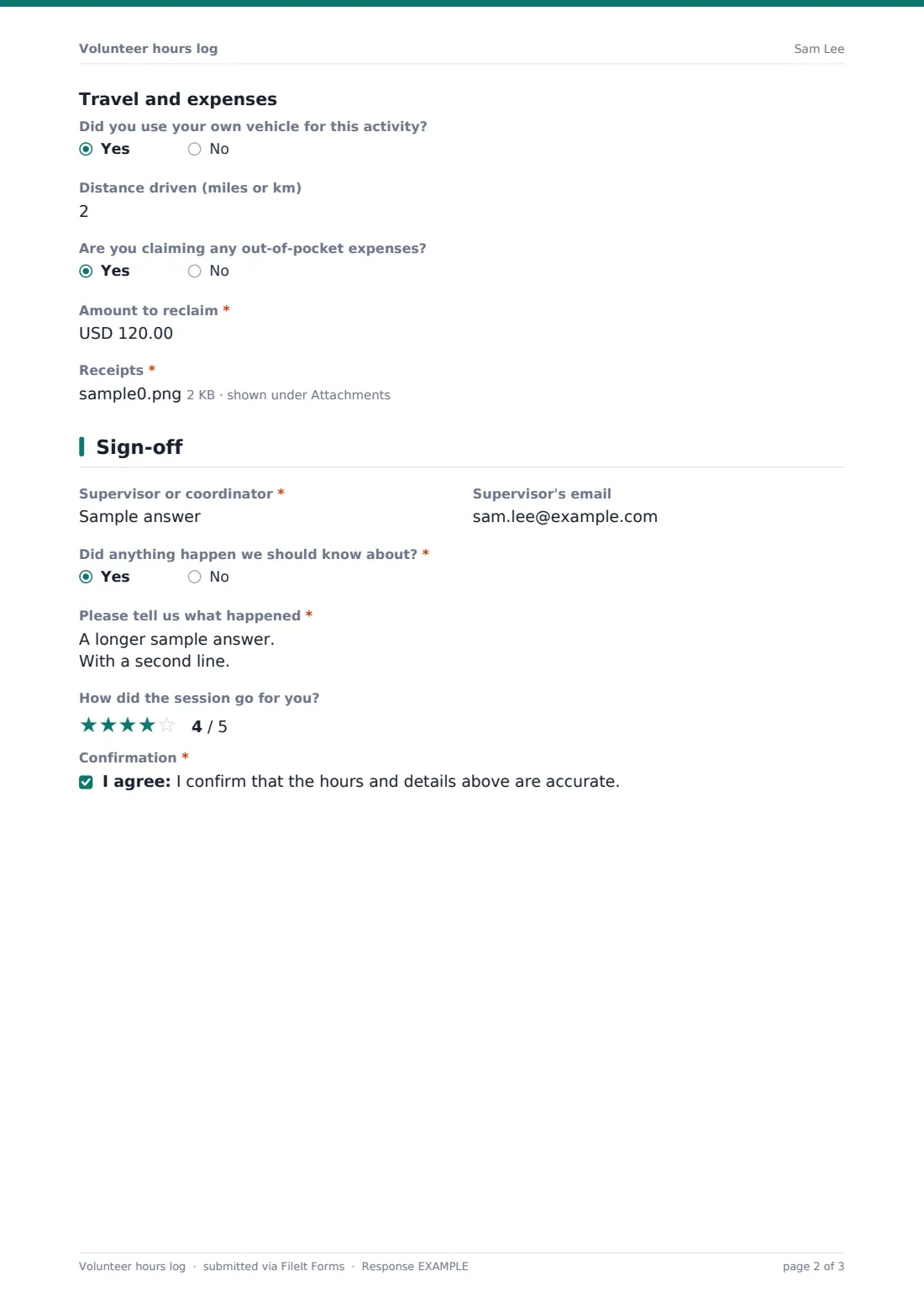 Volunteer hours log — example response PDF, page 2 of 3