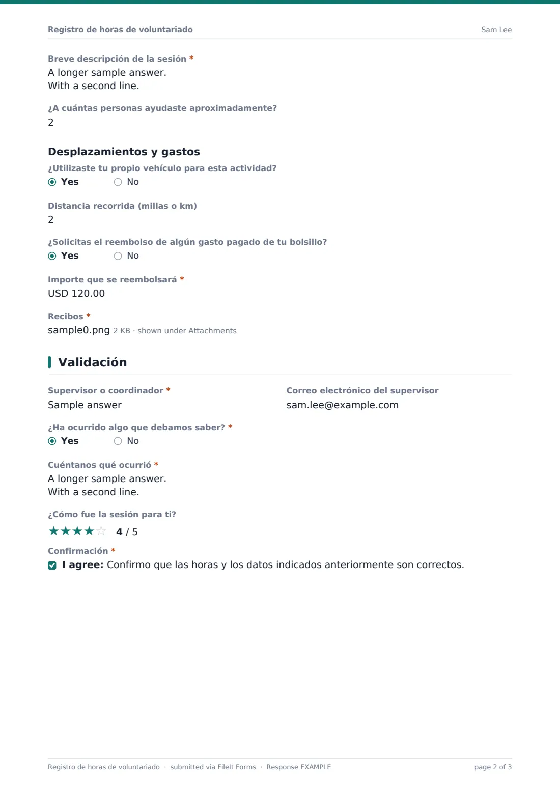 Registro de horas de voluntariado — PDF de respuesta de ejemplo, página 2 de 3