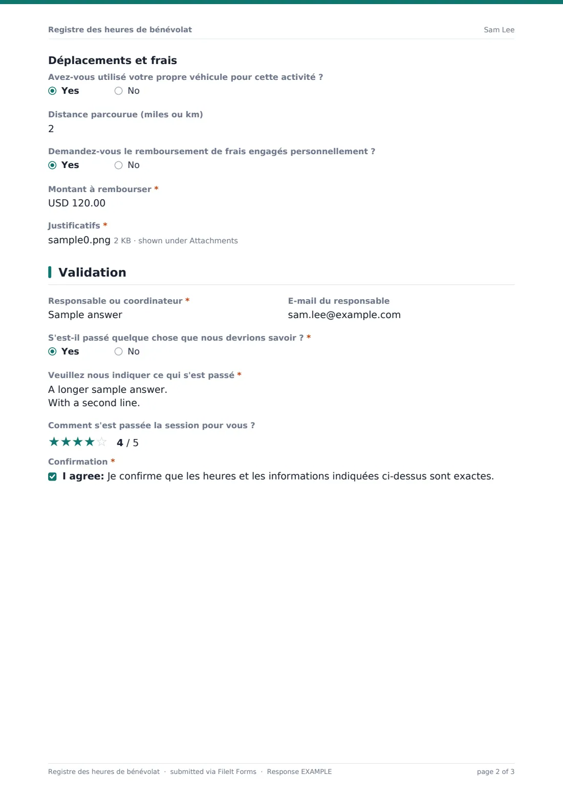 Registre des heures de bénévolat — exemple de réponse au format PDF, page 2 sur 3