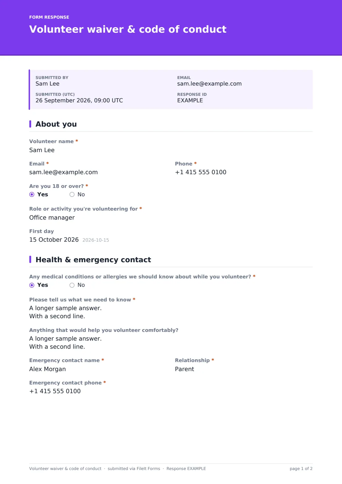 Volunteer waiver & code of conduct — example response PDF, page 1 of 2