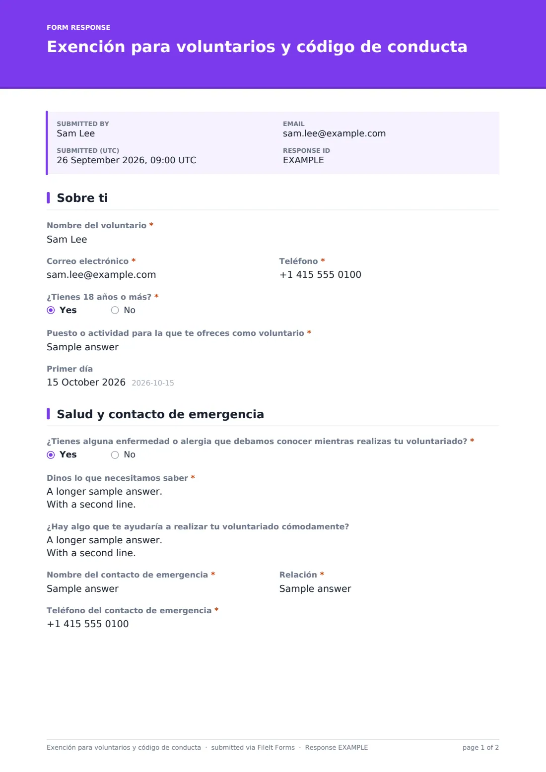 Exención para voluntarios y código de conducta — PDF de respuesta de ejemplo, página 1 de 2