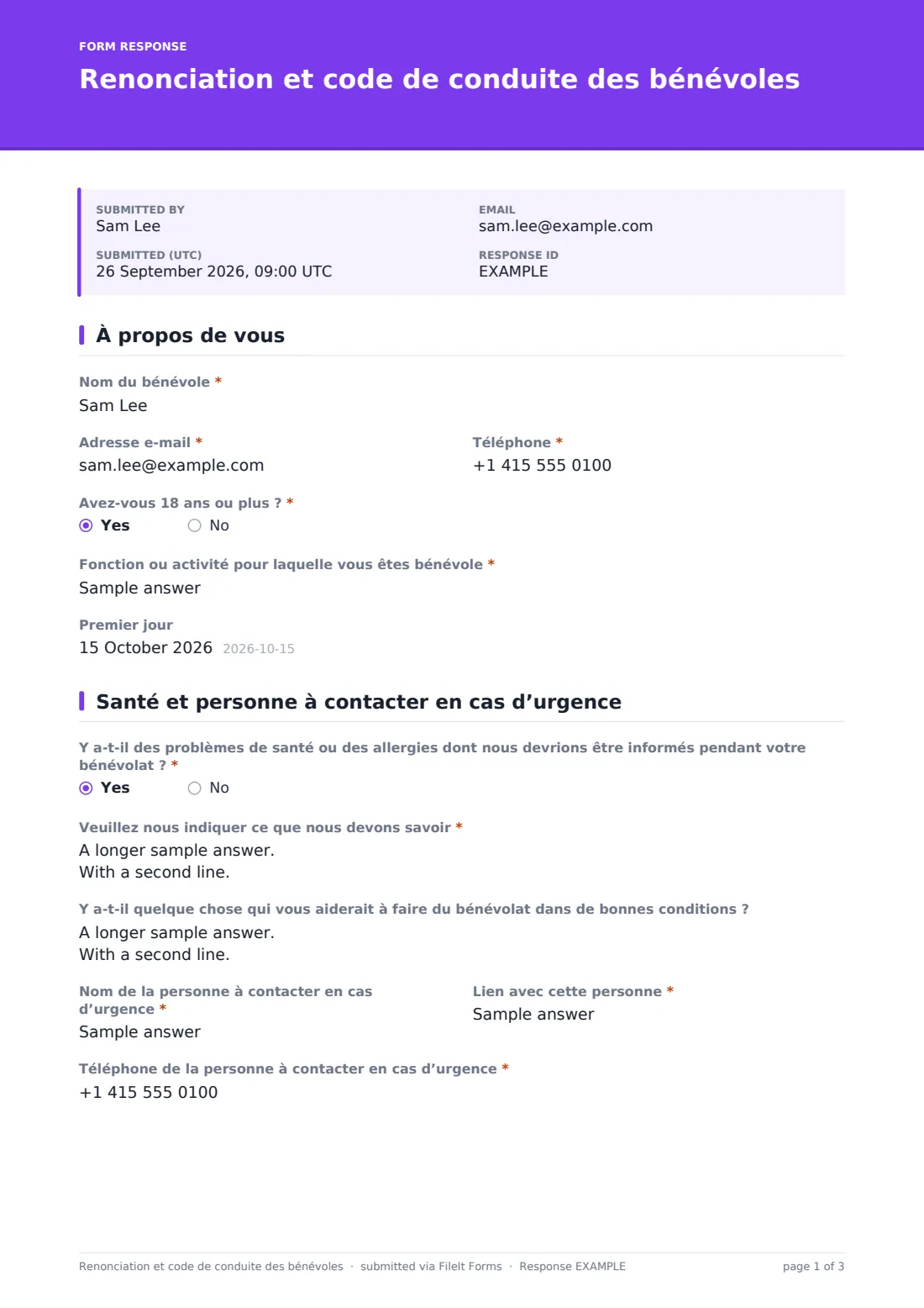 Renonciation et code de conduite des bénévoles — exemple de réponse au format PDF, page 1 sur 3