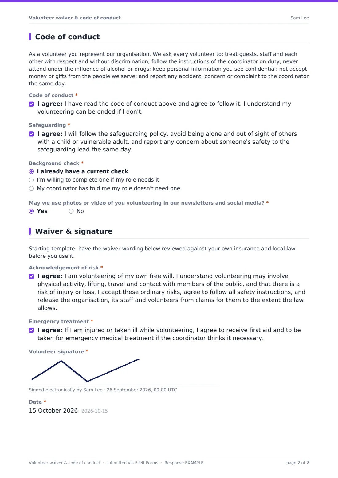 Volunteer waiver & code of conduct — example response PDF, page 2 of 2