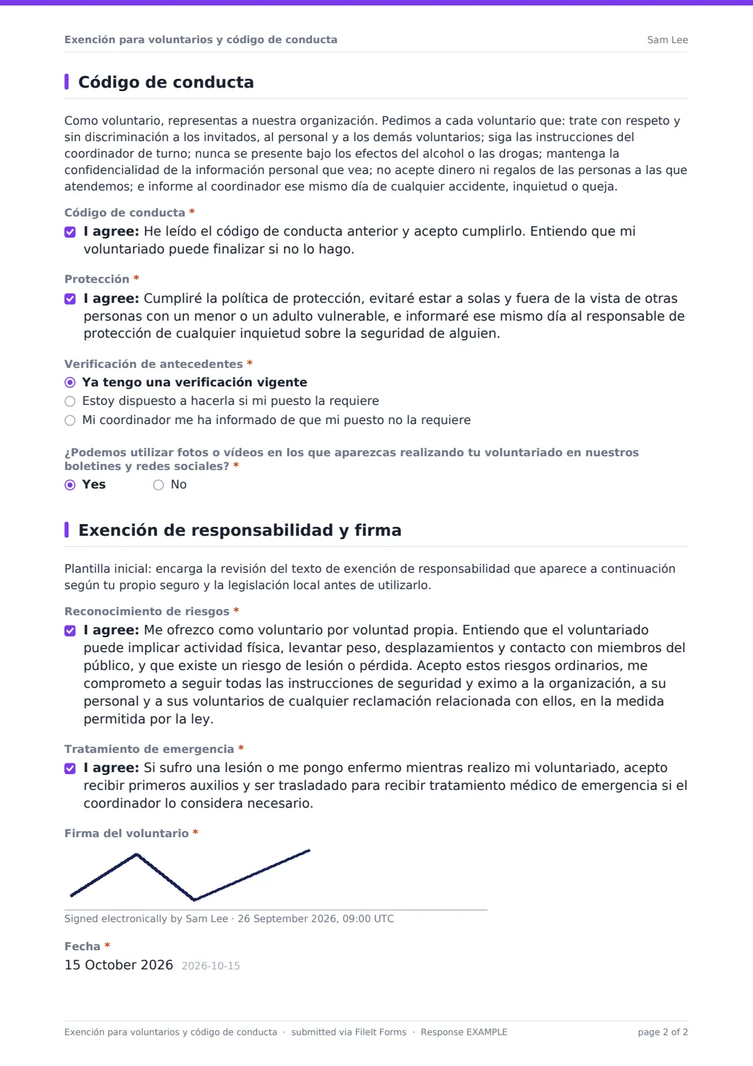 Exención para voluntarios y código de conducta — PDF de respuesta de ejemplo, página 2 de 2