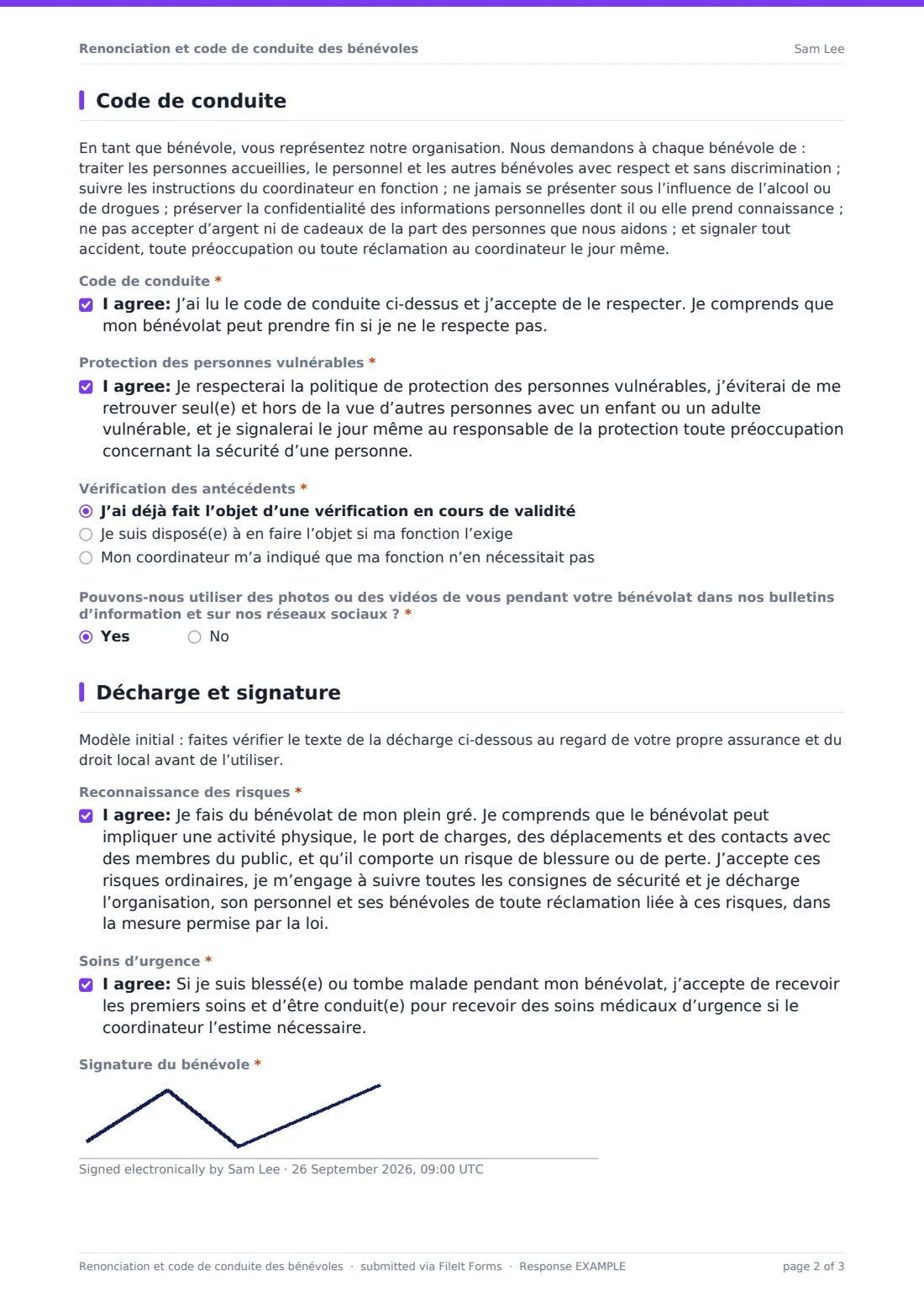 Renonciation et code de conduite des bénévoles — exemple de réponse au format PDF, page 2 sur 3