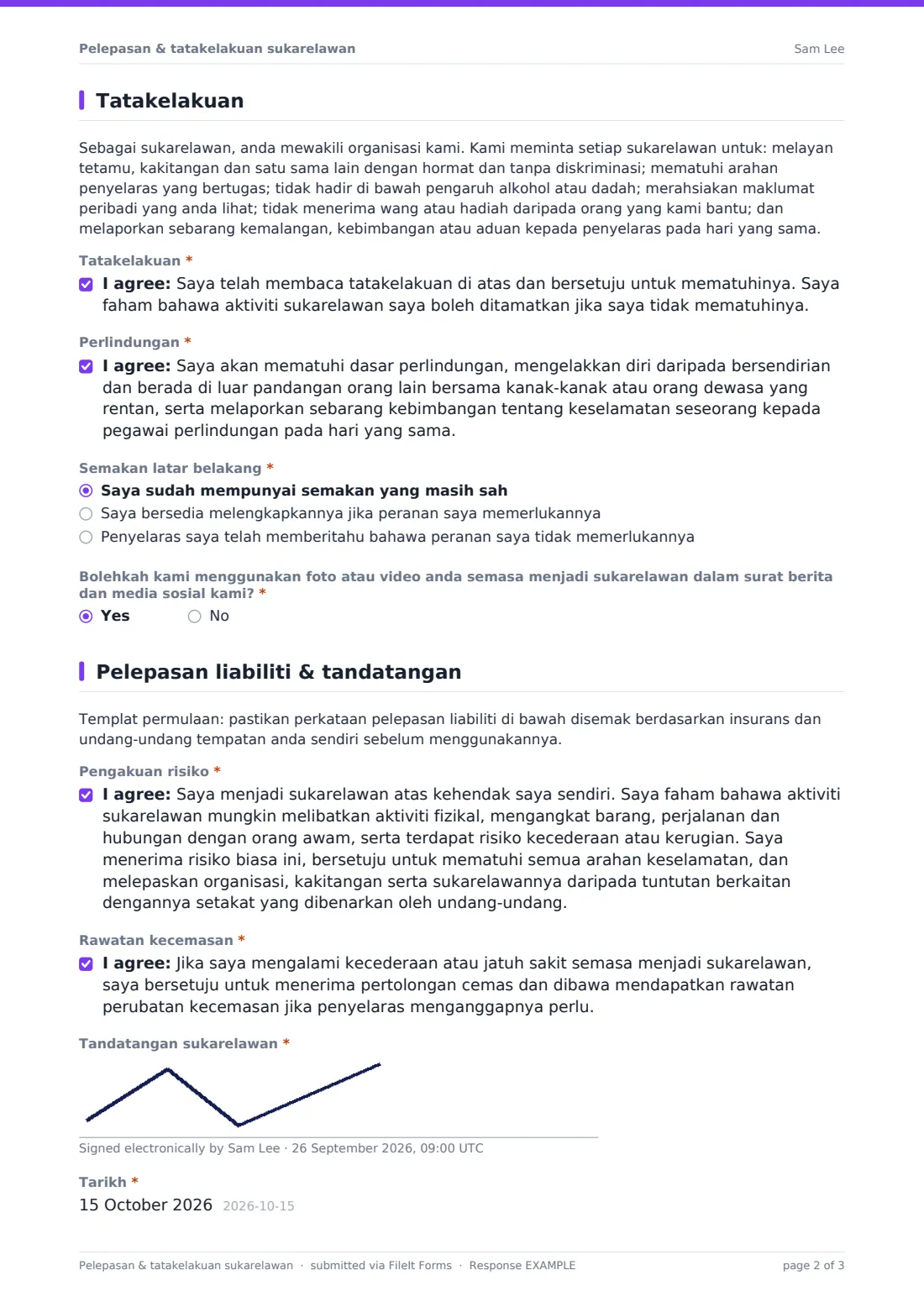 Pelepasan & tatakelakuan sukarelawan — PDF respons contoh, halaman 2 daripada 3