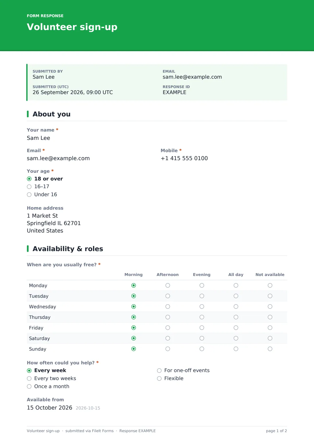 Volunteer sign-up — example response PDF, page 1 of 2
