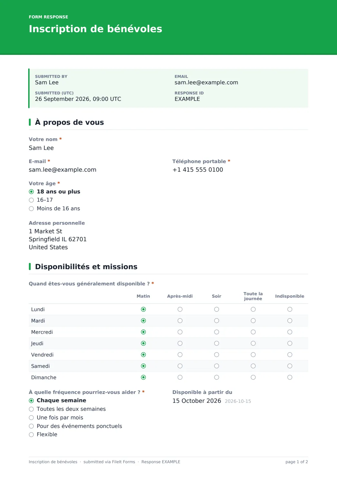 Inscription de bénévoles — exemple de réponse au format PDF, page 1 sur 2