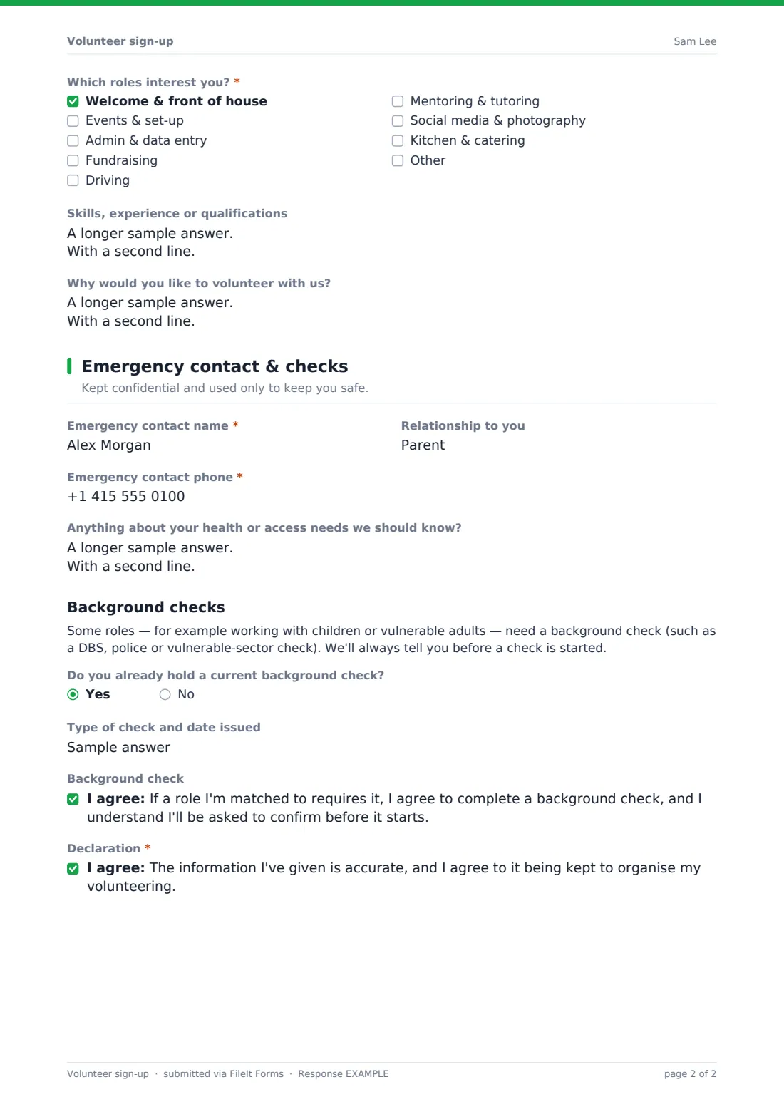 Volunteer sign-up — example response PDF, page 2 of 2