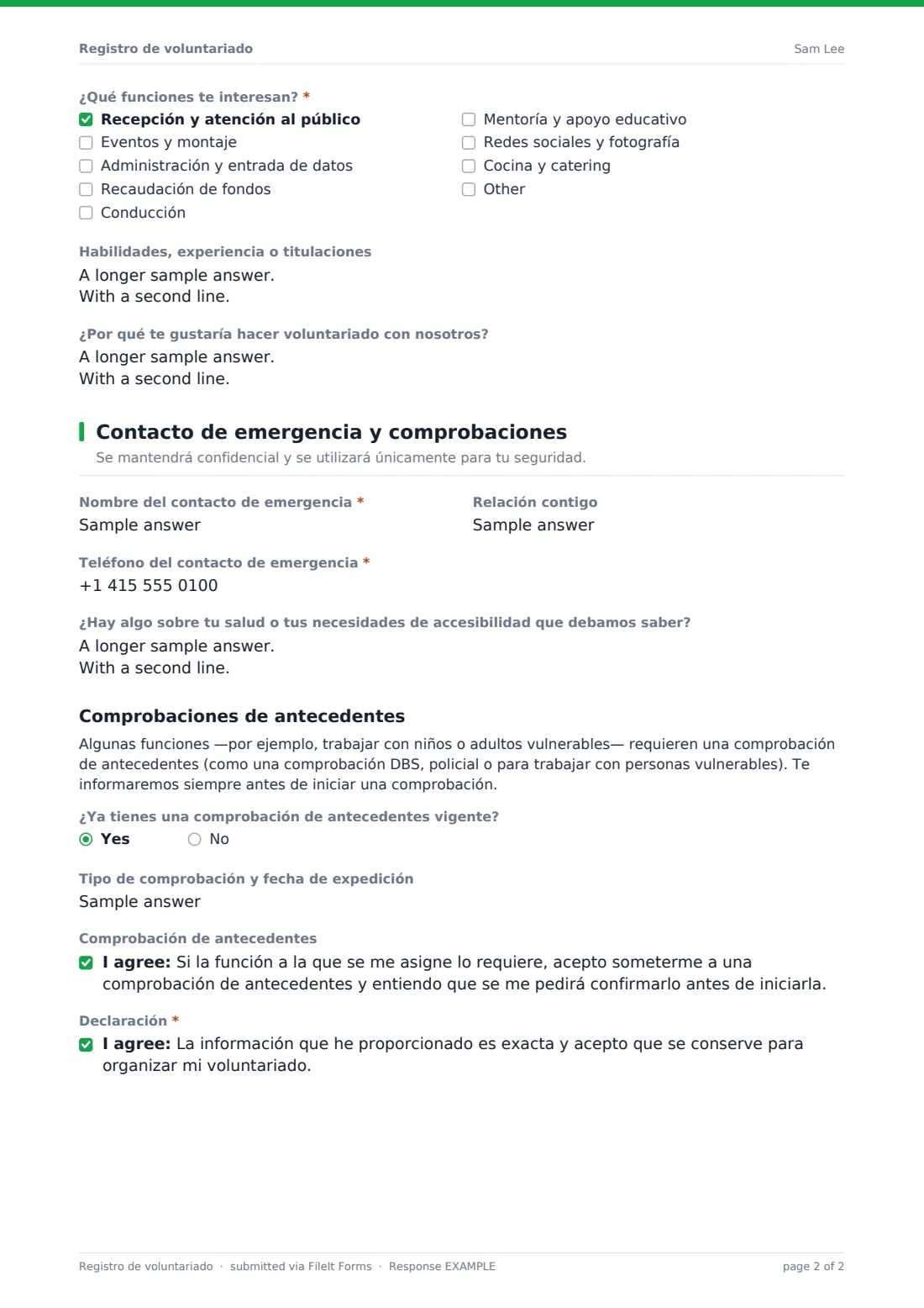 Registro de voluntariado — PDF de respuesta de ejemplo, página 2 de 2