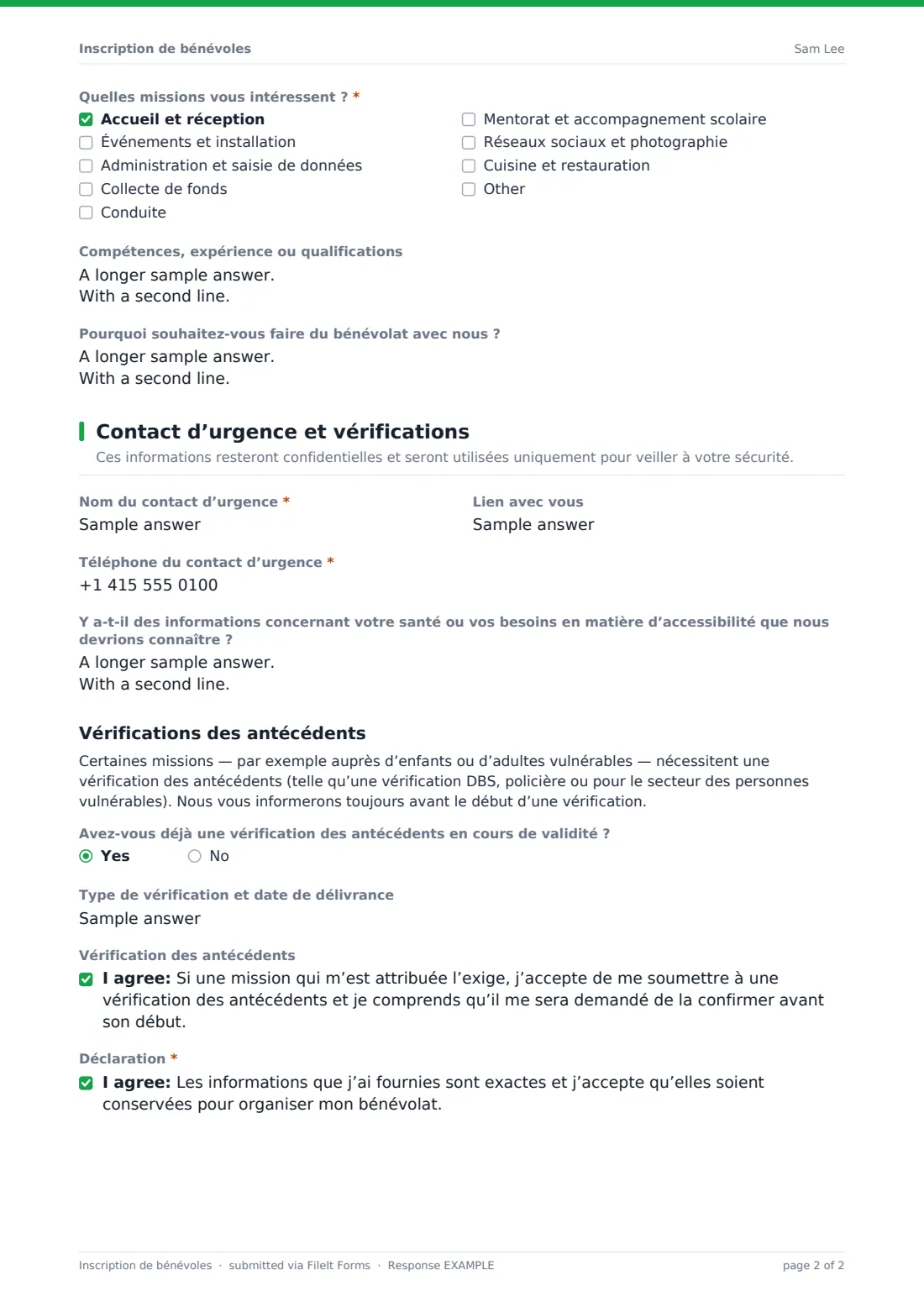 Inscription de bénévoles — exemple de réponse au format PDF, page 2 sur 2