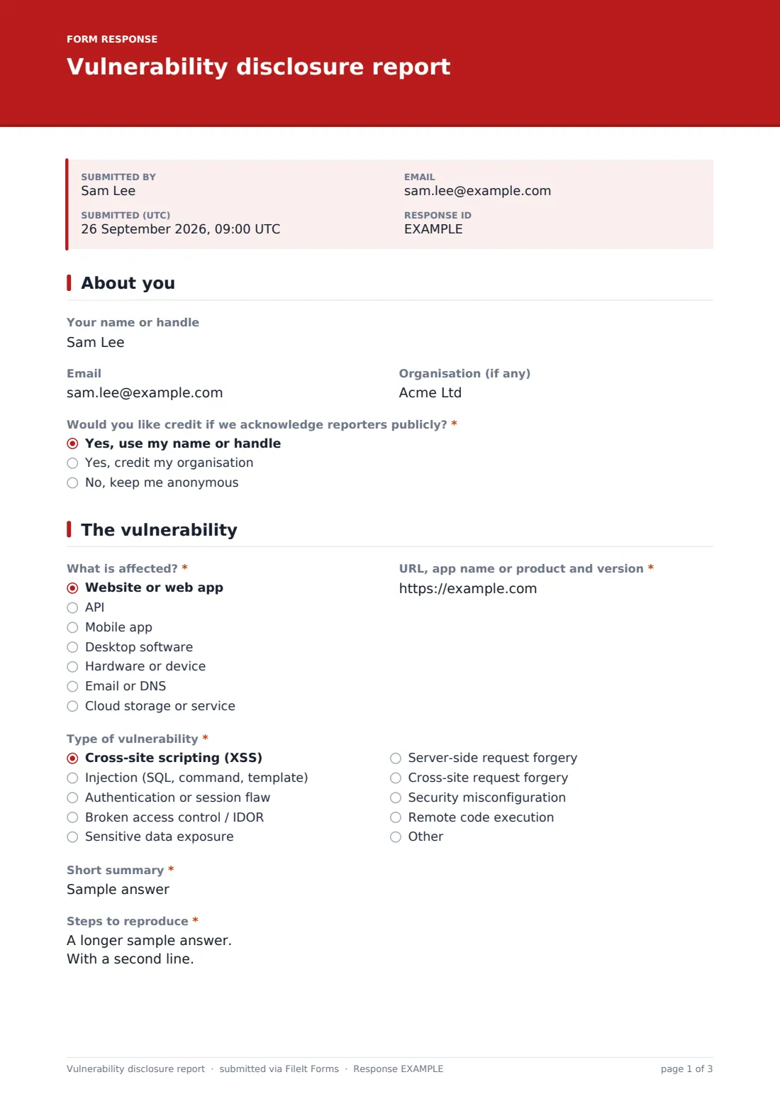 Vulnerability disclosure report — example response PDF, page 1 of 3